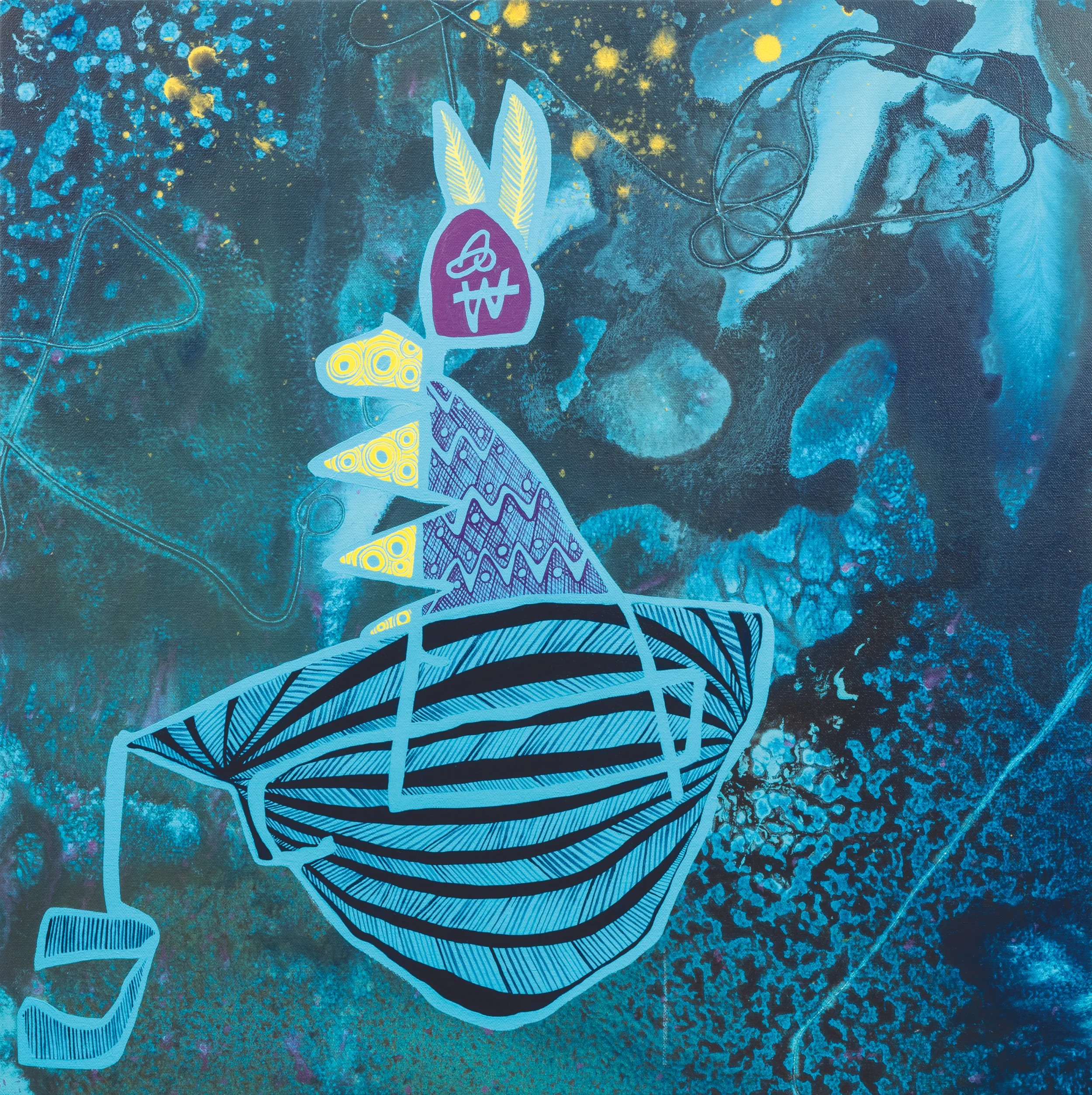Abstract artwork featuring a stylized butterfly with intricate patterns in shades of blue, yellow, and purple, set against a textured, dark background with splashes of yellow and subtle outlines.