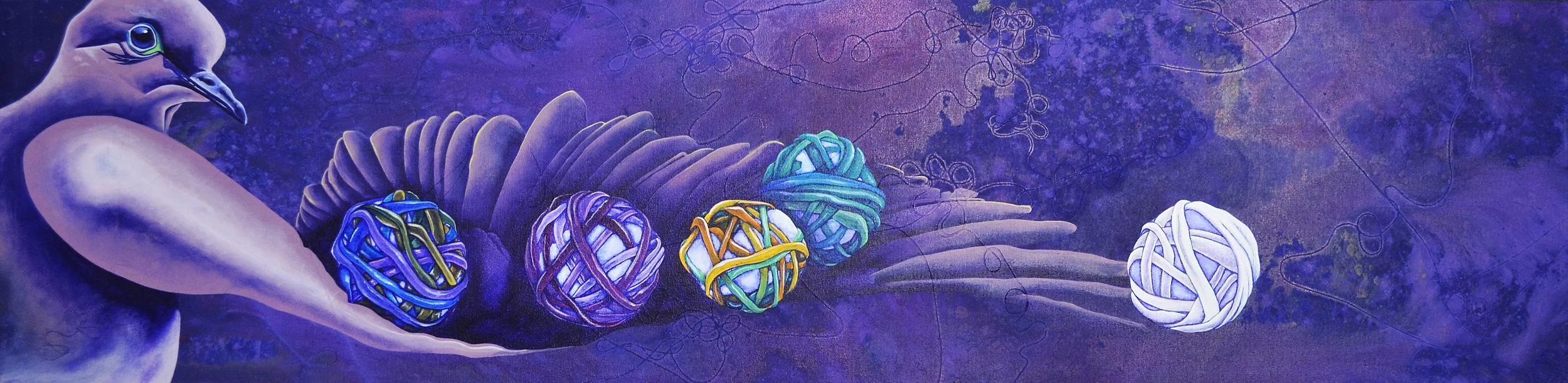 A painted mural depicting a bird with a long beak on the left and a row of colorful, intricately woven yarn balls along a curving branch against a purple background.