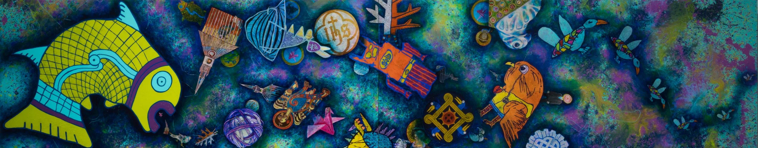 Colorful abstract artwork featuring various animals and objects, including fish, birds, a star, a turtle, and a fish, set against a vibrant multicolored background.
