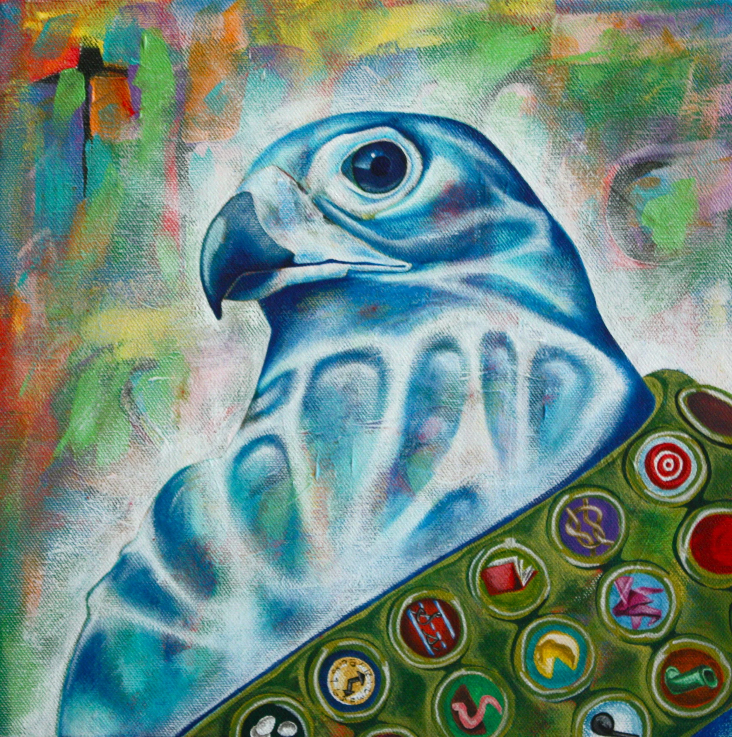 A colorful painting of a bird's head with a large eye and a prominent beak, with a background of vibrant, abstract brushstrokes. The lower right corner features a section with various symbols and icons in circular designs.