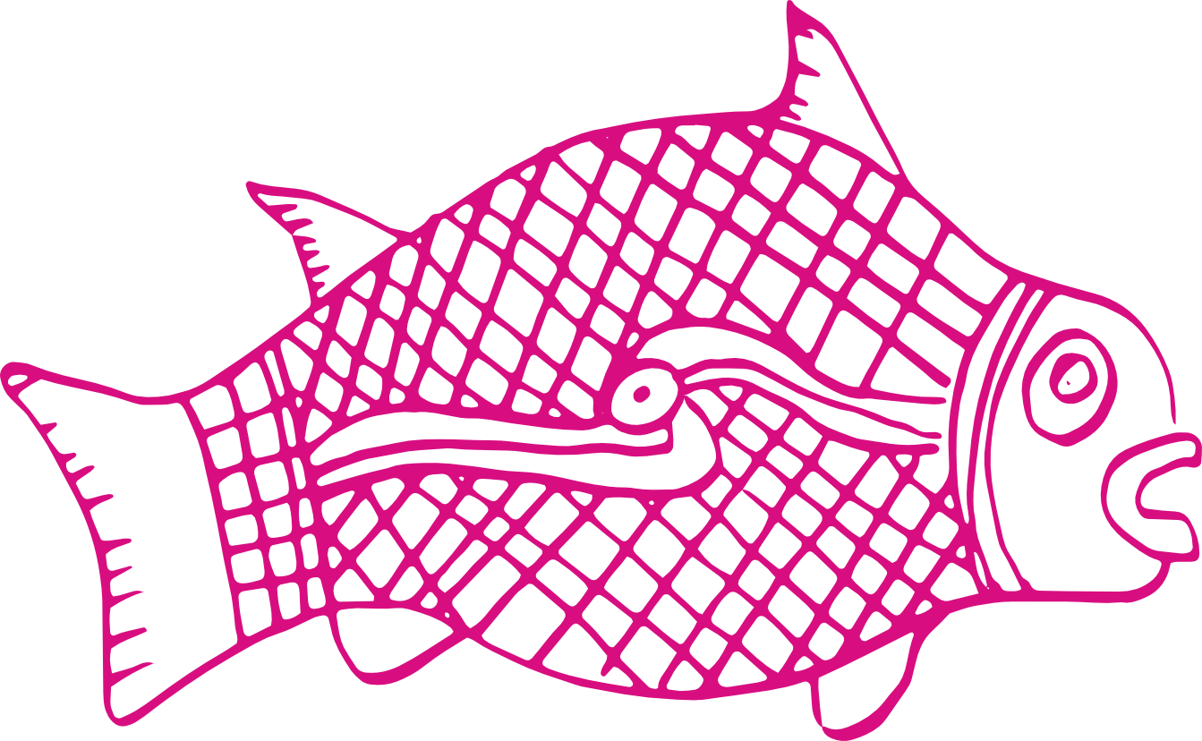 Pink line drawing of a fish.