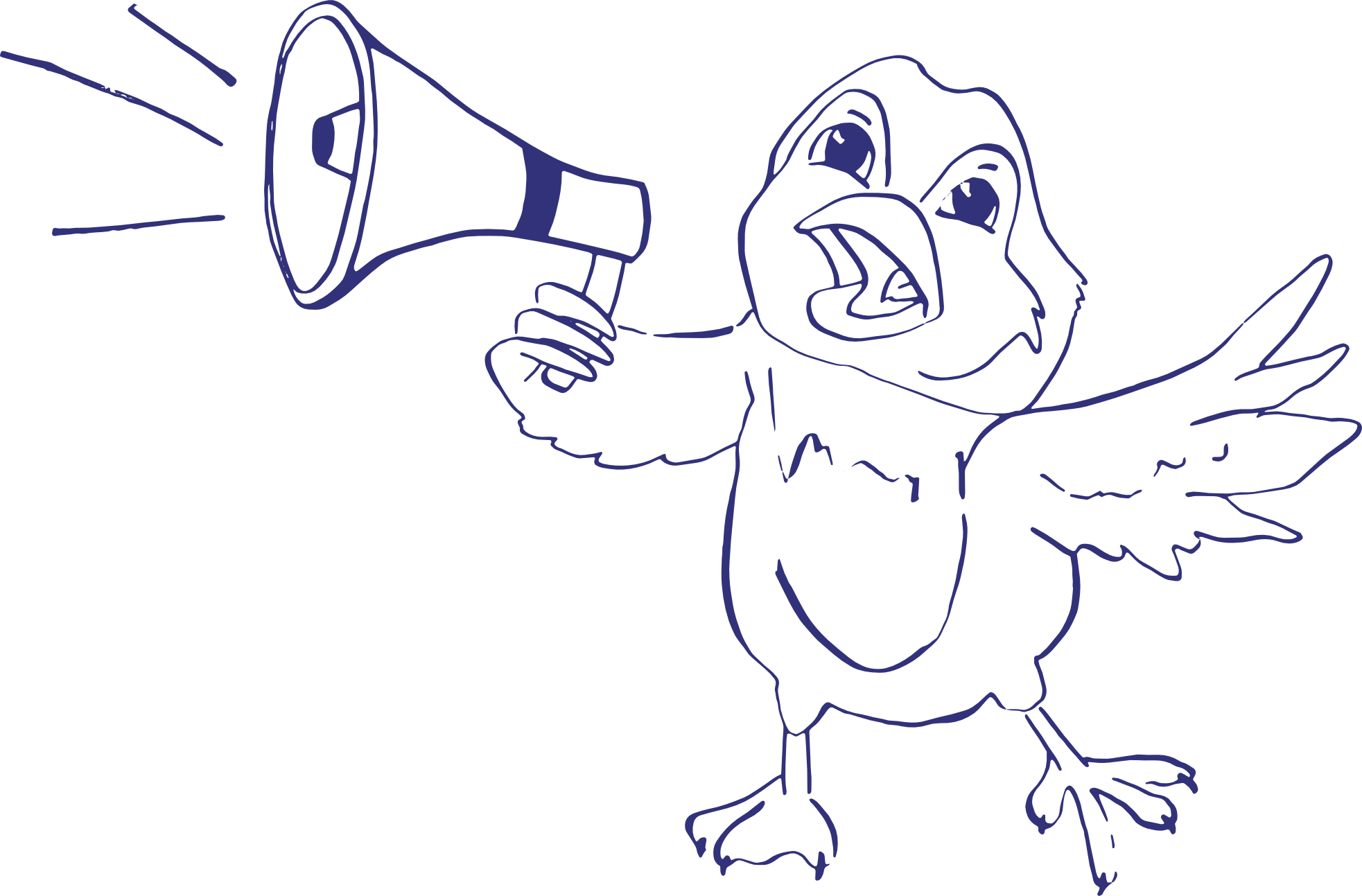 Line drawing of a bird with wings, holding a megaphone in its wing, shouting.
