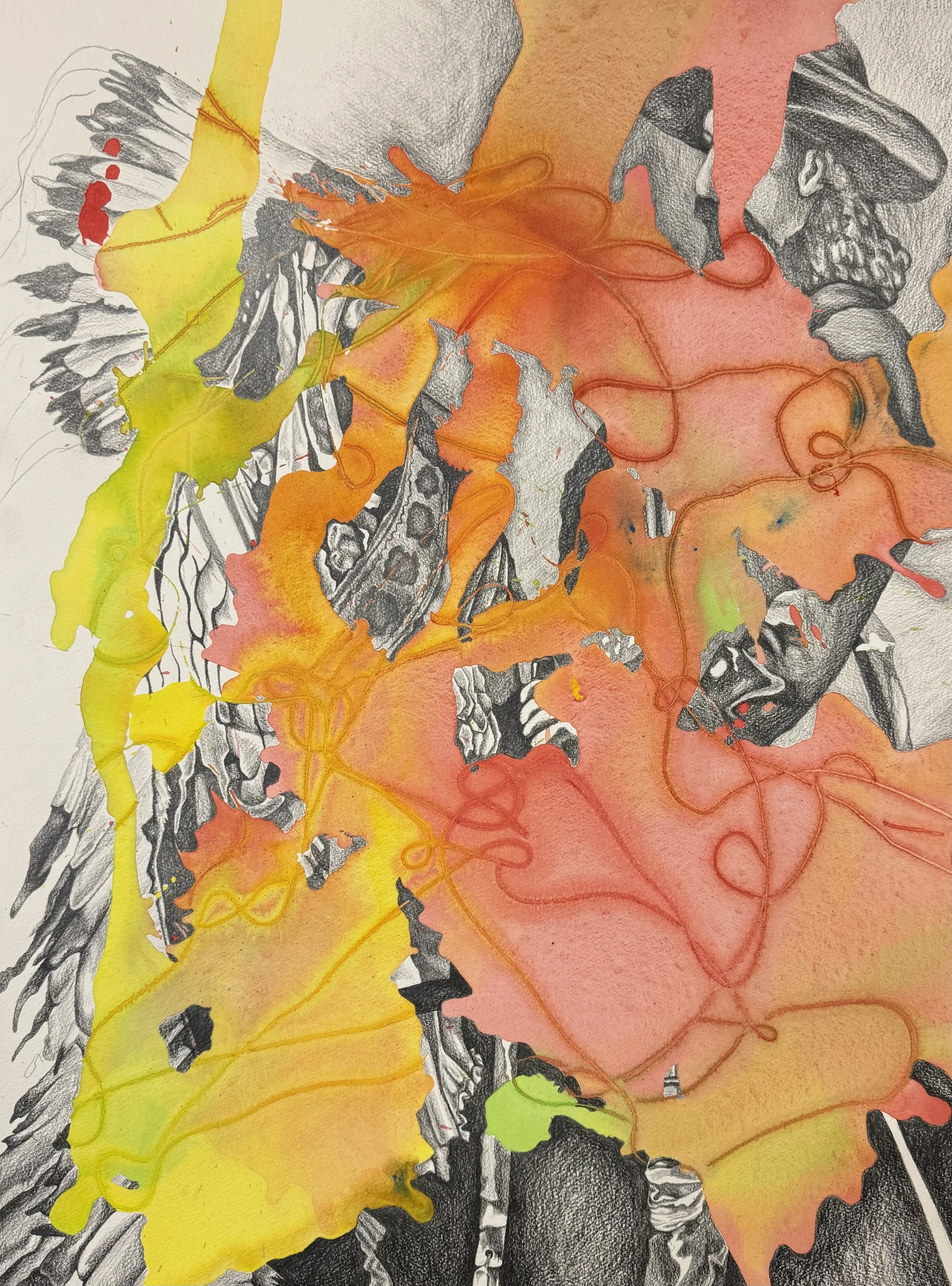 Abstract artwork combining black and white sketch-like images of skulls and leaves, bright watercolor splashes in yellow, orange, and red, with flowing ink lines intertwined.