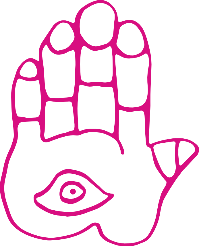 A pink outline of a hand, featuring an eye symbol inside the palm