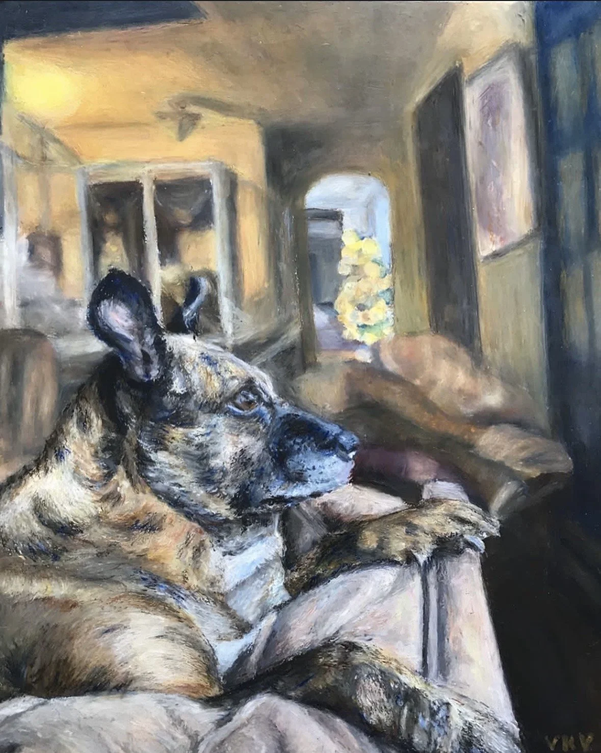 A pet portrait of Roxy, oil pastel, 11 inches by 14 inches, 2023