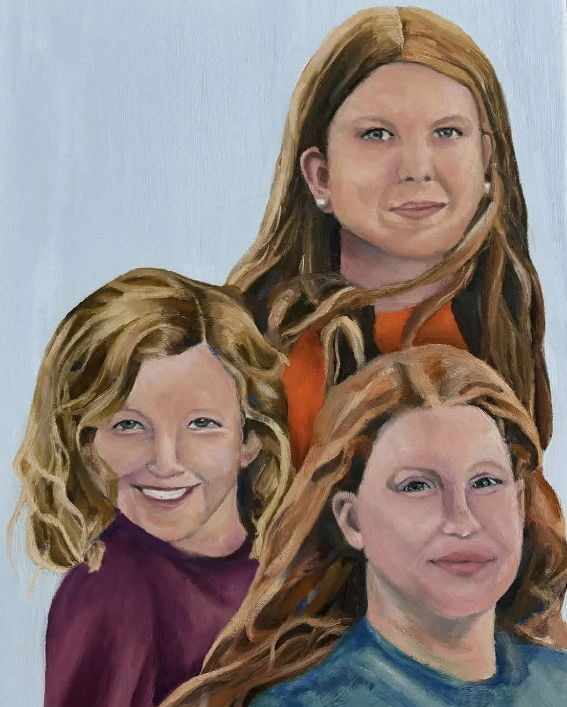 A commissioned portrait of Emmeline, Caroline, and Cora, oil on canvas, 18 inches by 24 inches, 2024