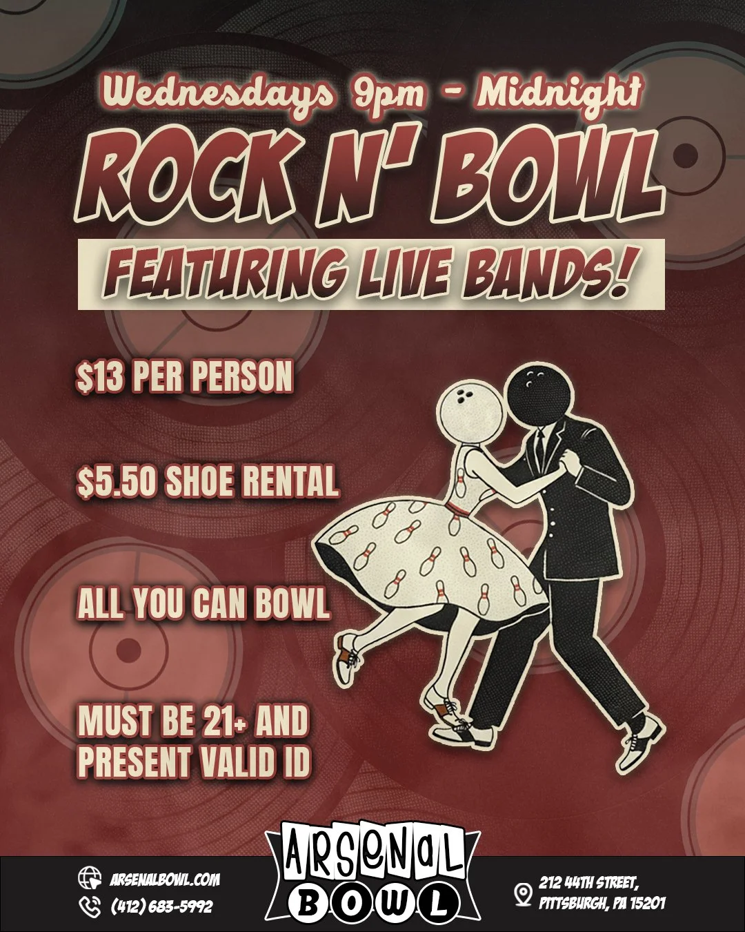 ✨️WEDNESDAY SPECIAL✨️

Join us every Wednesday from 9pm - Midnight for Rock N' Bowl!

Featuring live bands and unlimited bowling for only $13!

👞 $5.50 Shoe Rental

Must be 21+ and present valid ID at the door.

🔗www.arsenalbowl.com
📍212 44th Stre