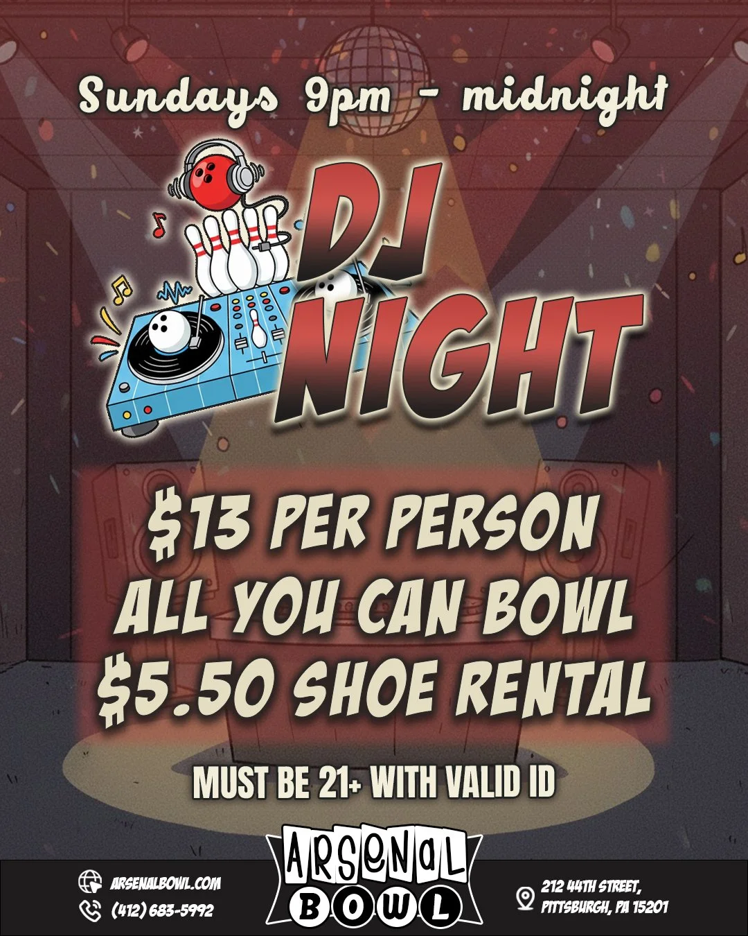 ✨ DJ NIGHT! ✨

We've got three hours of unlimited bowling waiting for you!

Oh and did we mention? There's a live DJ! 🕺🪩

All of this for just $13, plus $5.50 shoe rental. 👞

Must be 21+ and present a valid ID at the door. 

🔗www.arsenalbowl.com 