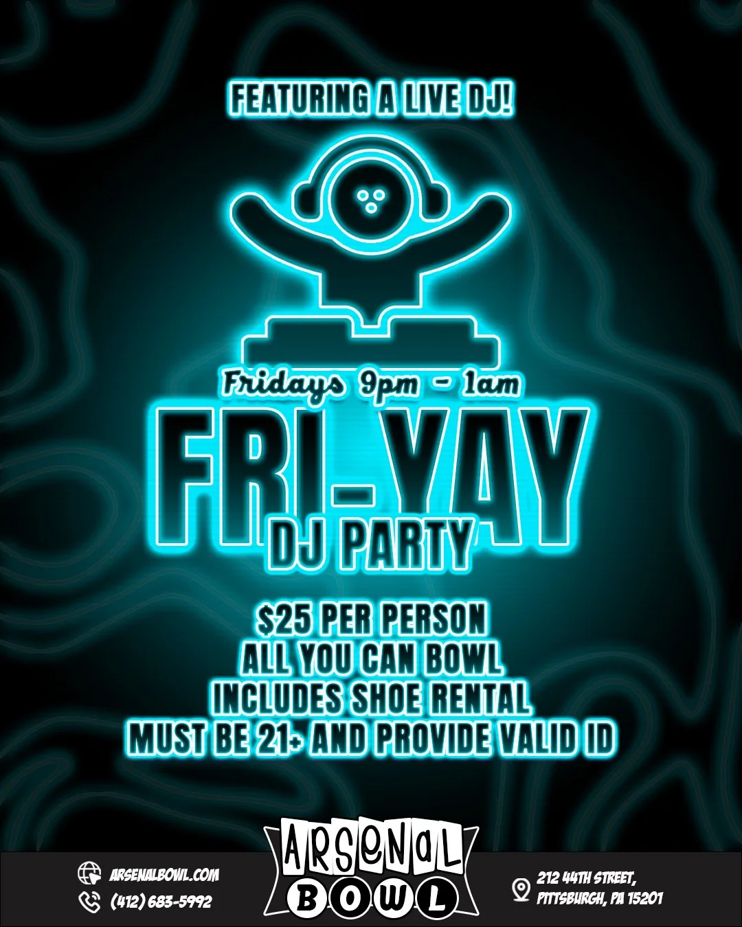 ✨FRIDAY SPECIAL✨

The work week is over. It's time to knock 'em down! 

We've got the perfect remedy for a long week: 4 hours of unlimited bowling and a Live DJ to help you forget all about it. 🎳🕺

Just $25 per person, including shoe rental. 👞

Mu