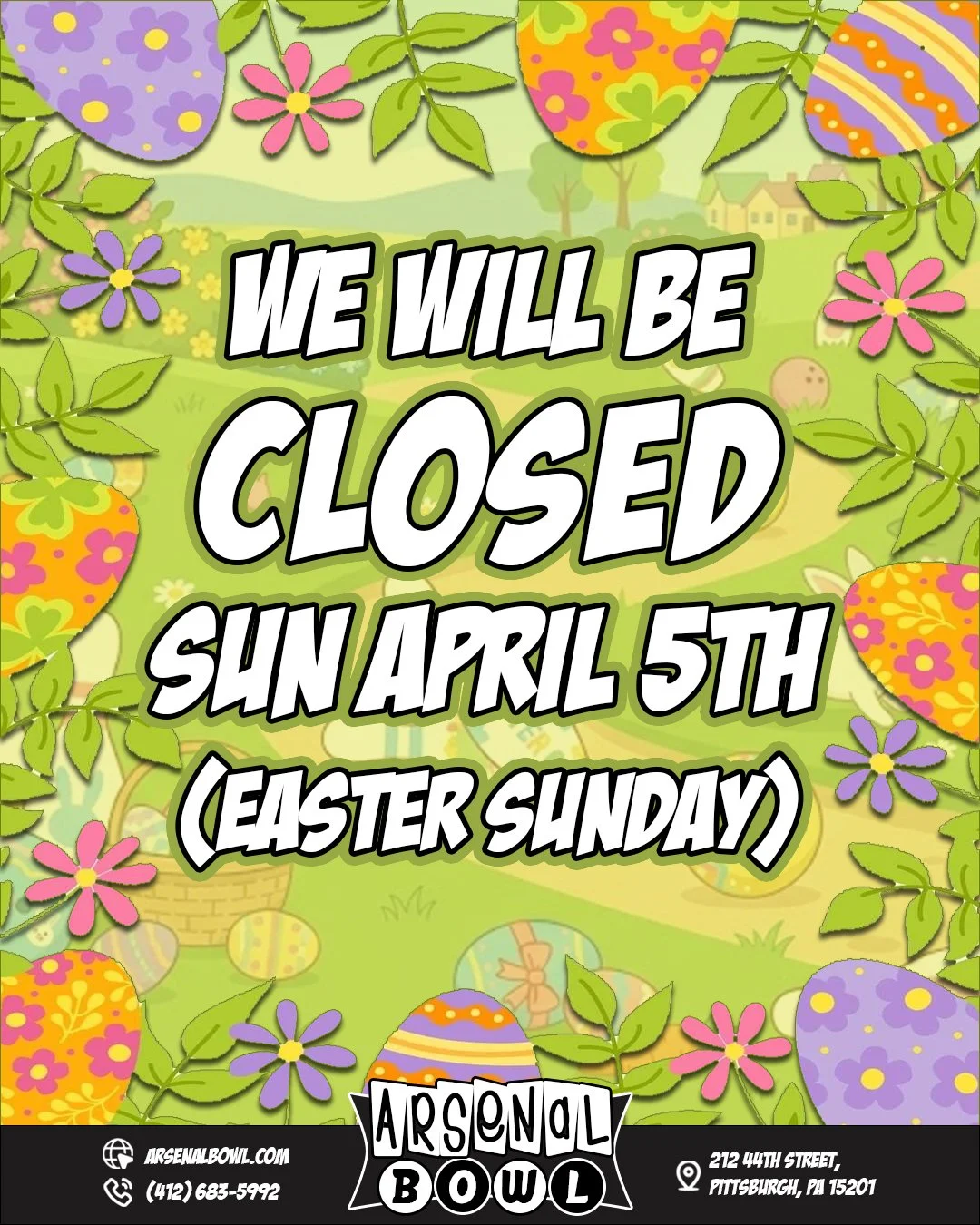 Happy Easter! 🐰🥚

We&rsquo;re taking this Sunday off to celebrate, but don&rsquo;t worry, we&rsquo;ll be back to our regular hours on Monday. See you then! 

🔗www.arsenalbowl.com 
📍212 44th Street, Pittsburgh, PA 15201
📞(412) 683-5992