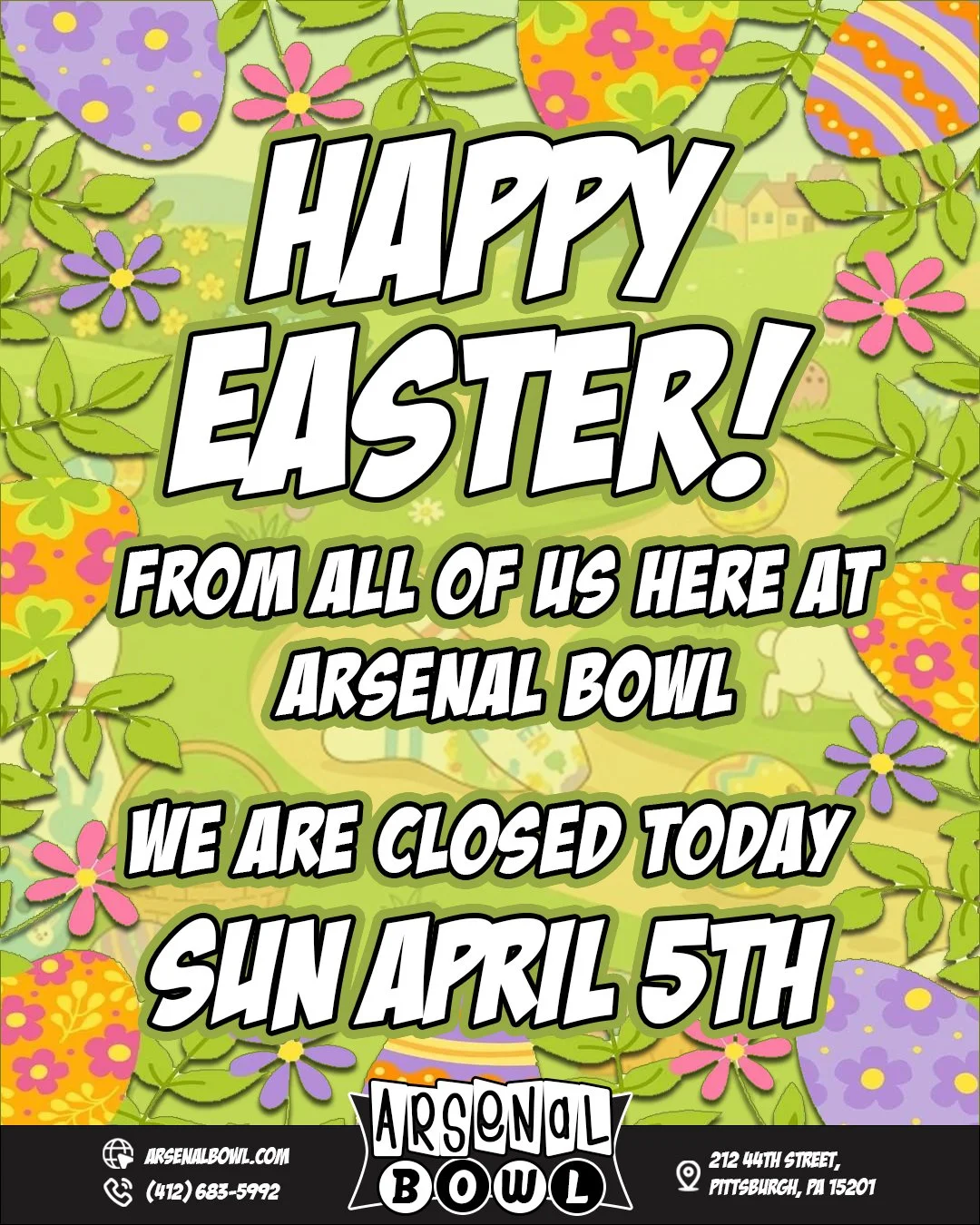 Happy Easter! 🐰

Just a reminder that we are closed today. We hope everyone has a wonderful Easter Sunday! 

We&rsquo;ll be back to our regular schedule tomorrow - see you then!

🔗www.arsenalbowl.com 
📍212 44th Street, Pittsburgh, PA 15201
📞(412)