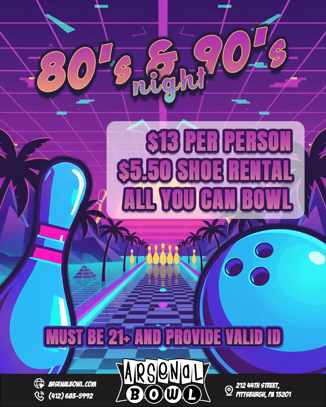 ✨THURSDAY SPECIAL✨

Join us for #ThrowbackThursday , and let us take you back to the 80's and 90's! 👾

A night of unlimited bowling, 80's and 90's hits, and old-school bowling vibes, all for just $13 per person! 

👞 $5.50 Shoe Rental

Must be 21+ a