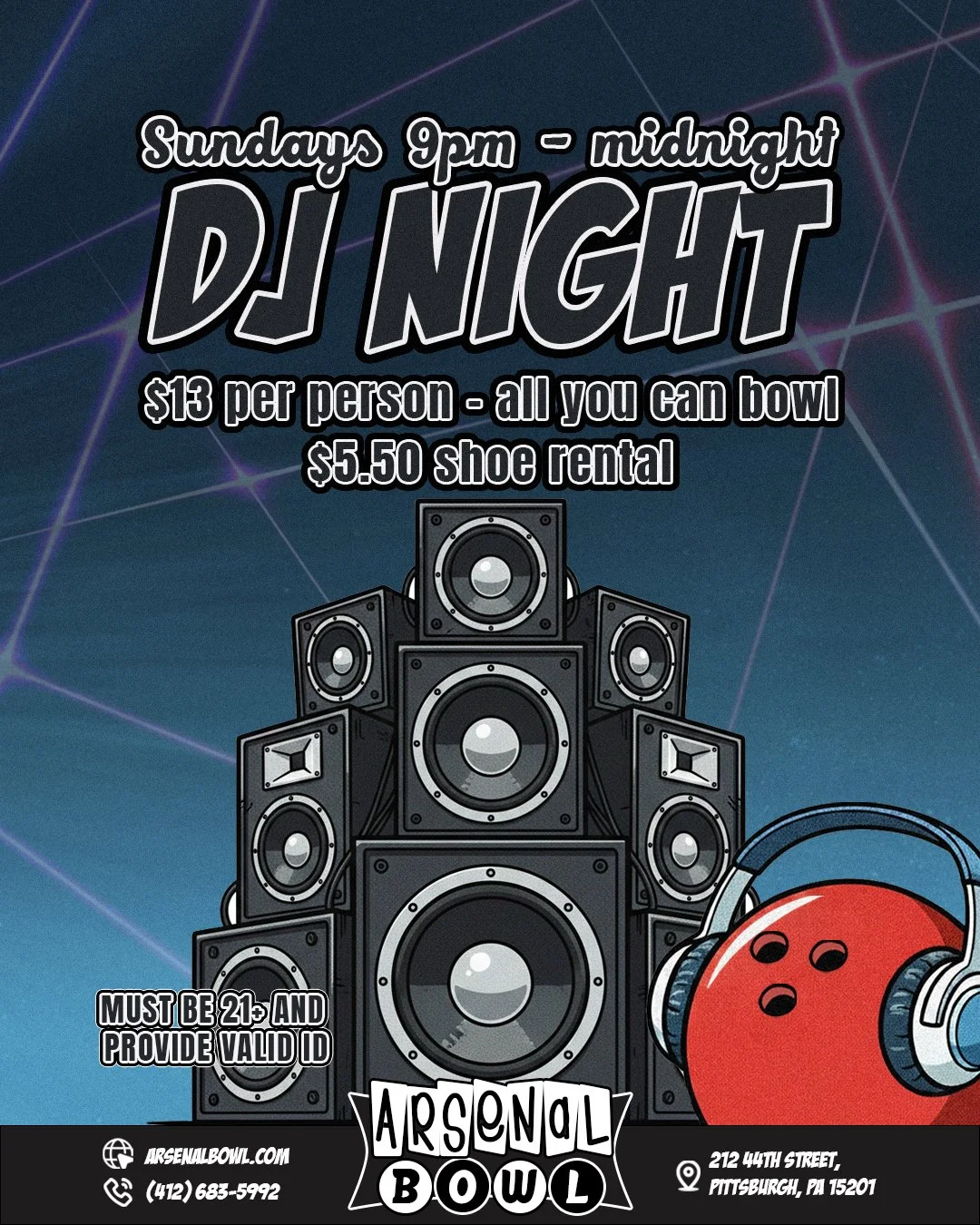 ✨ DJ NIGHT! ✨

We've got three hours of unlimited bowling waiting for you!

Oh and did we mention? There's a live DJ! 🕺🪩

All of this for just $13, plus $5.50 shoe rental. 👞

Must be 21+ and present a valid ID at the door. 

🔗www.arsenalbowl.com 