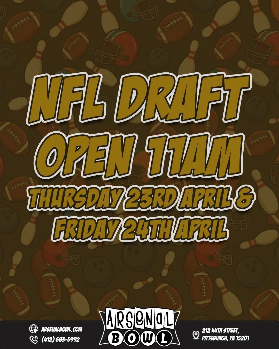 The Draft is finally here, Pittsburgh! 🏈 

Avoid the chaos and gridlock of the North Shore and head over to Arsenal Bowl. We&rsquo;re opening EARLY this Thursday and Friday to help you escape the downtown traffic and get your game on. 

​🎳 Draft Ho
