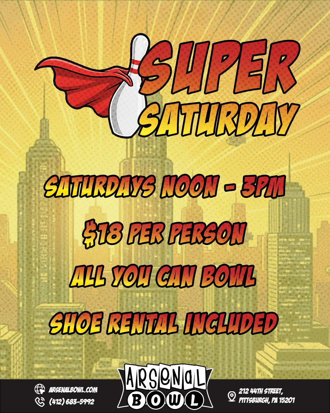 SUPER SATURDAY ✨🦸

Join us from noon - 3pm for unlimited bowling and fun for all the family.

All are welcome!

🔗www.arsenalbowl.com 
📍212 44th Street, Pittsburgh, PA 15201
📞(412) 683-5992 

 #saturdays #saturdayfun #saturdaymorning #bowling #bow