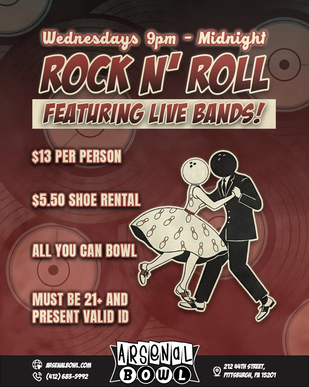 ✨️WEDNESDAY SPECIAL✨️

Join us every Wednesday from 9pm - Midnight for our Rock N' Roll Special! 

Featuring live bands and unlimited bowling for only $13!

👞 $5.50 Shoe Rental

Must be 21+ and present valid ID at the door.

🔗www.arsenalbowl.com
📍