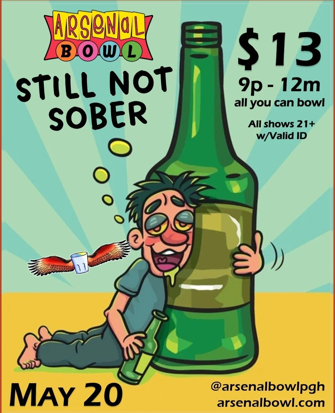 📣📣 BAND ANNOUNCEMENT! 📣📣

Who? - @stillnotsober 
What? - Live Music, Cold Drinks and All-You-Can-Bowl!
When? -  Wednesday 20th May, 9pm - Midnight
Where? - Arsenal Bowl, 212 44th St, Pittsburgh PA 15201
Why? -  Because they're awesome 🤘

Must be