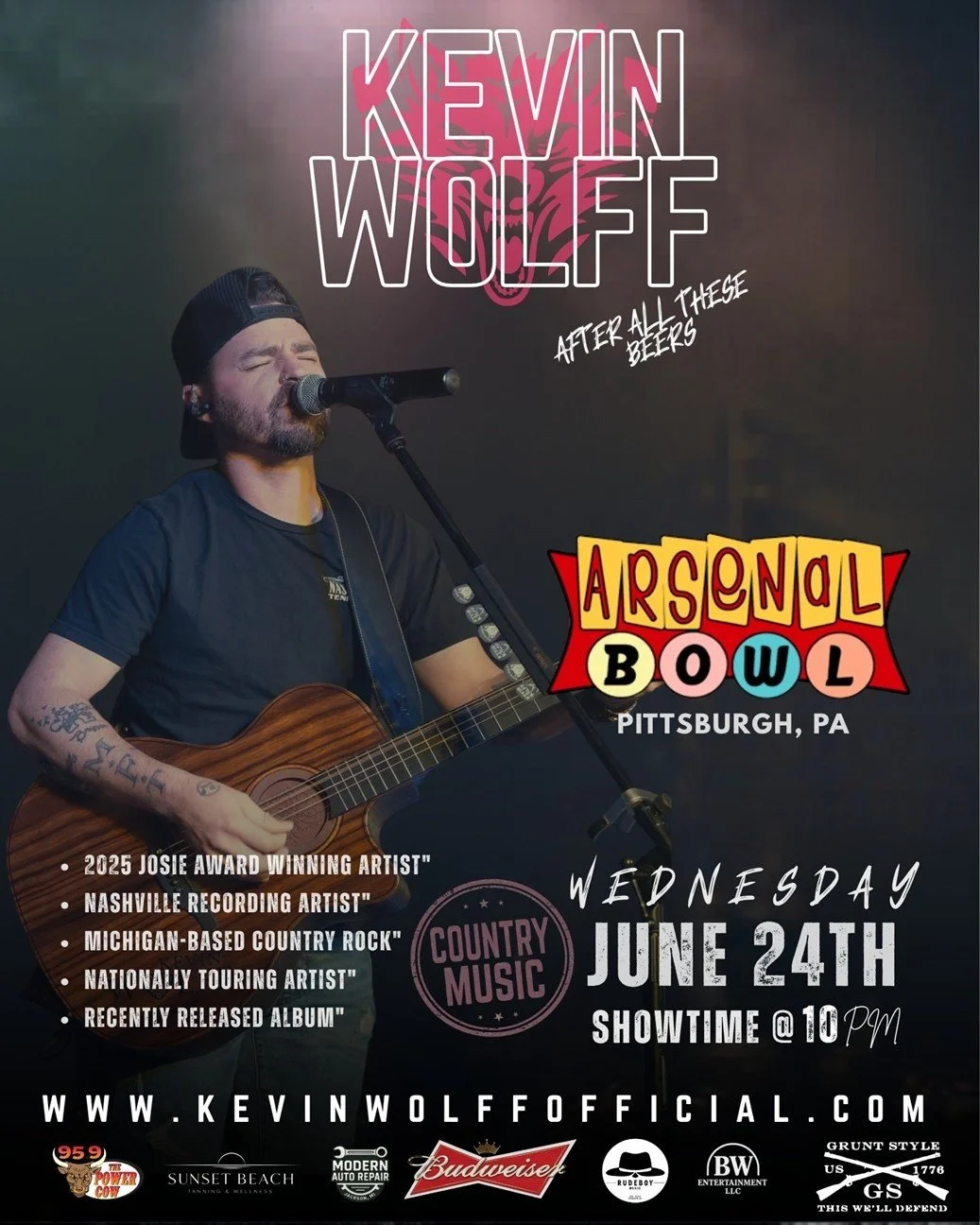 📣📣 BAND ANNOUNCEMENT 📣📣

On Wednesday June 24th we will be joined by @kevinwolffofficial 

Don't miss your opportunity to catch him live in Pittsburgh before he move onto the next city on his tour! 

See you there 👀 

Doors open 9pm.

Everyone m