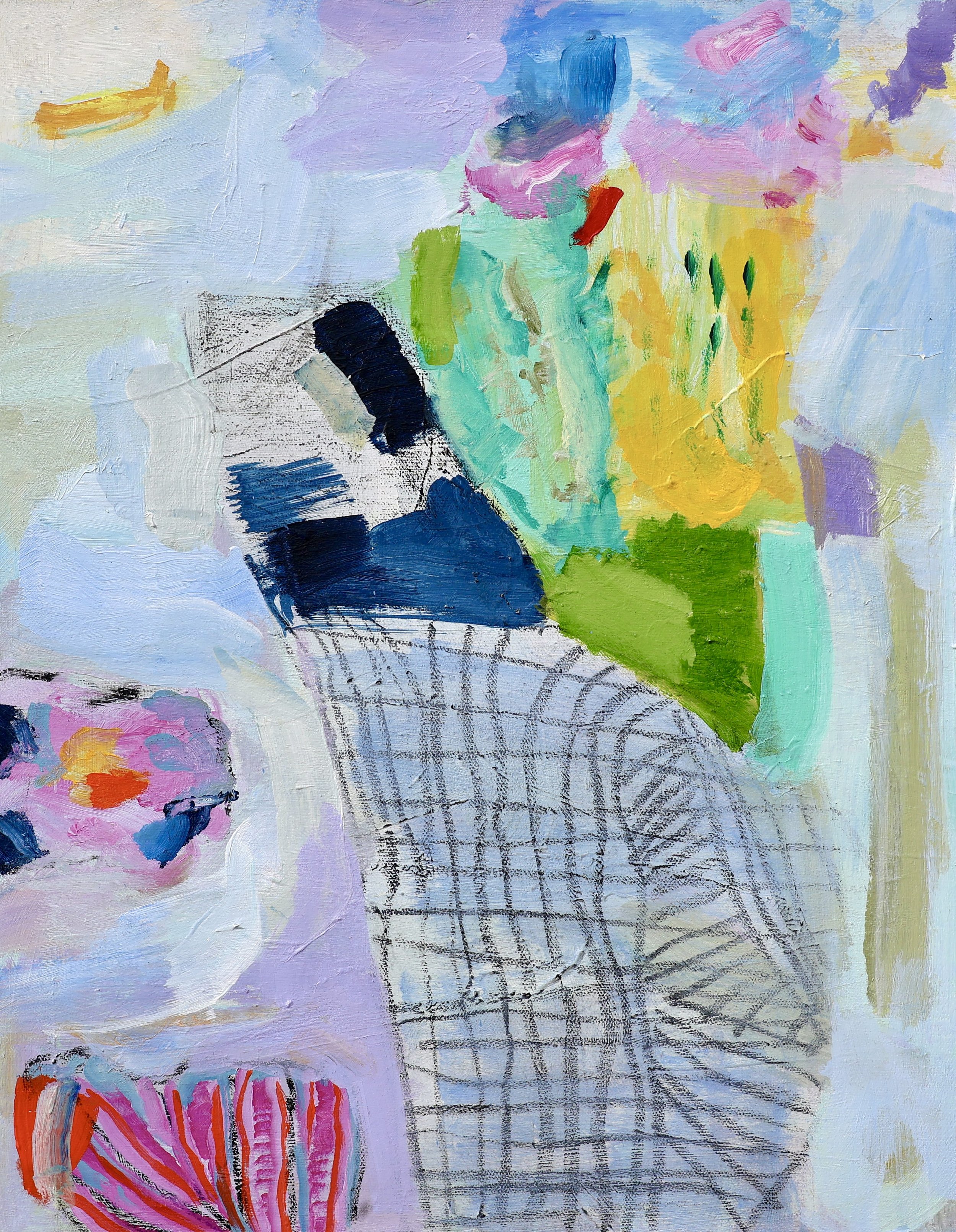Abstract painting 'Beached coral I' by Jessica Sutherland with vibrant colors and various shapes, including black and blue strokes, pink and purple patches, green, yellow, and hints of orange and red.