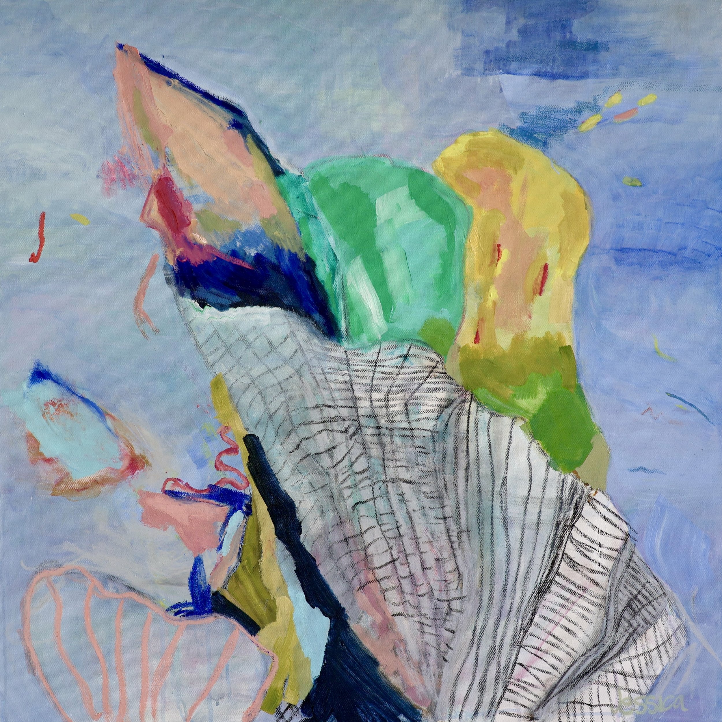 Abstract painting 'Beached coral IV' by Jessica Sutherland, depicting a coral reef reminiscent of ice cream cone with multiple scoops in pink, green, and yellow, set against a light blue background.