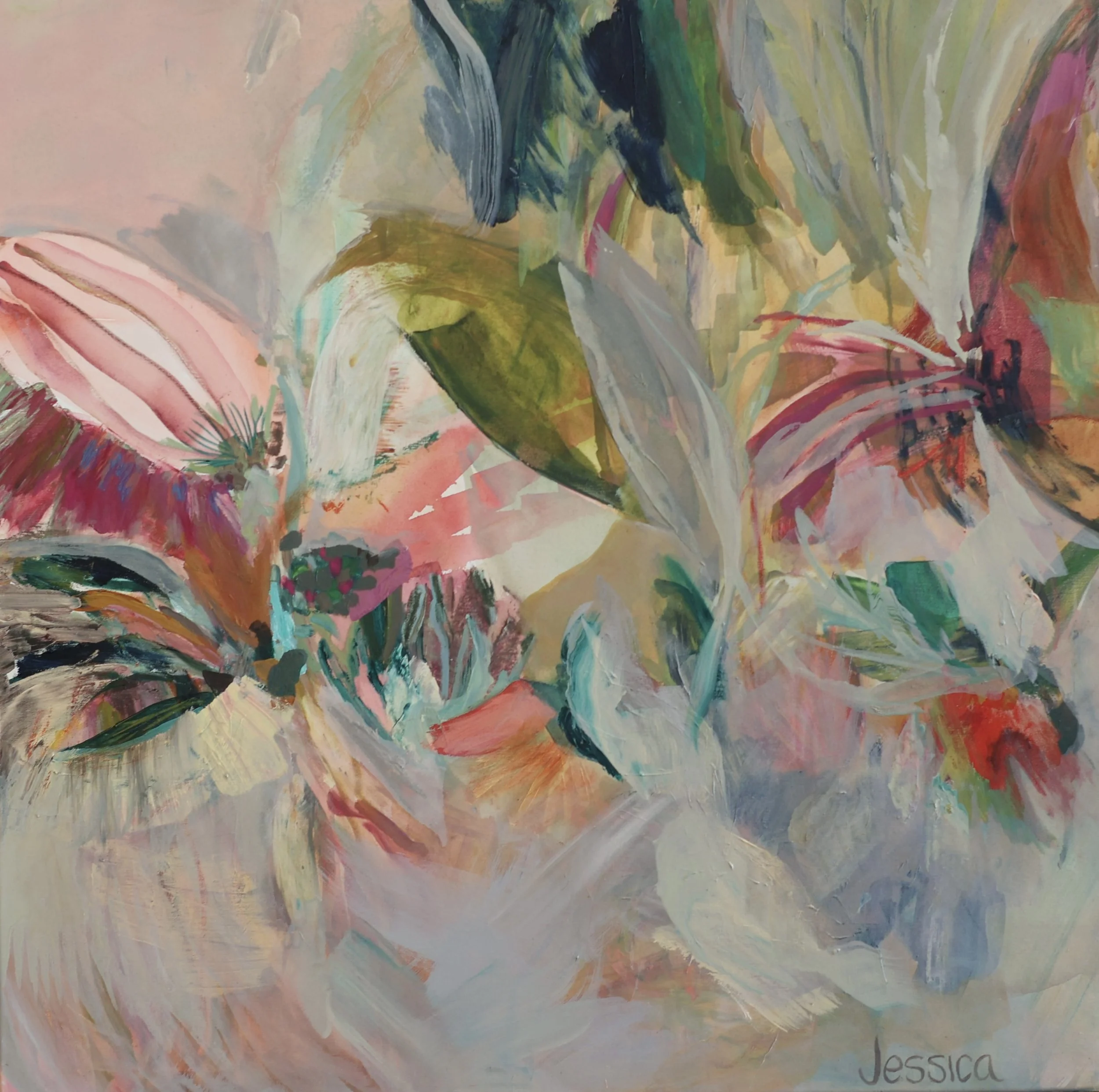 An abstract painting with vibrant and pastel colors, featuring swirling brushstrokes and layered textures. The painting is signed 'Jessica' in the bottom right corner.