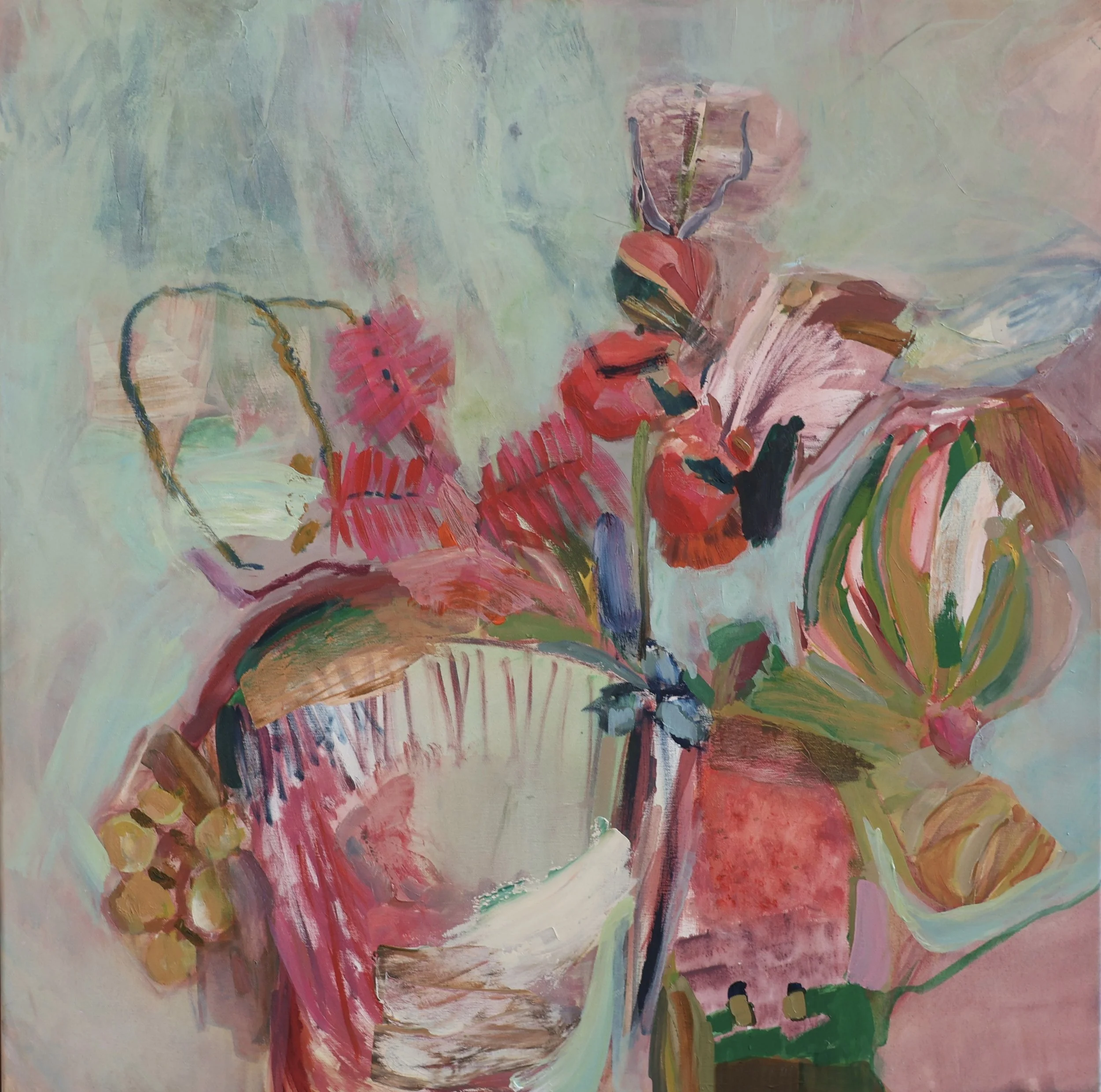 Abstract painting with vibrant brushstrokes in pink, red, green, beige, and blue, depicting loosely drawn flowers and foliage.
