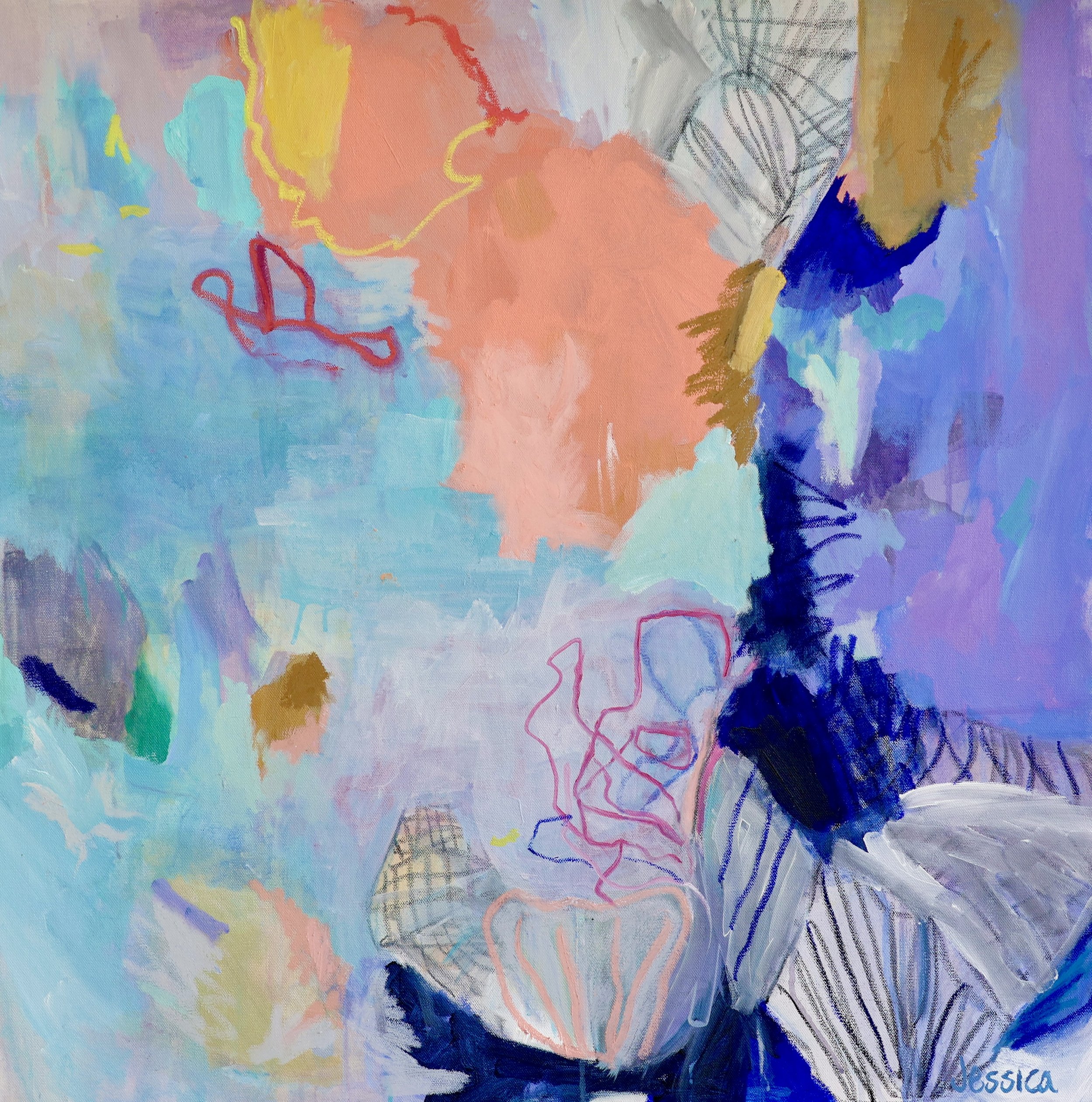 Colourful abstract painting 'Coral symphony' by Jessica Sutherland featuring an elegant dreamy underwater landscape, captured in shades of blue, purple, coral and yellow ochre.