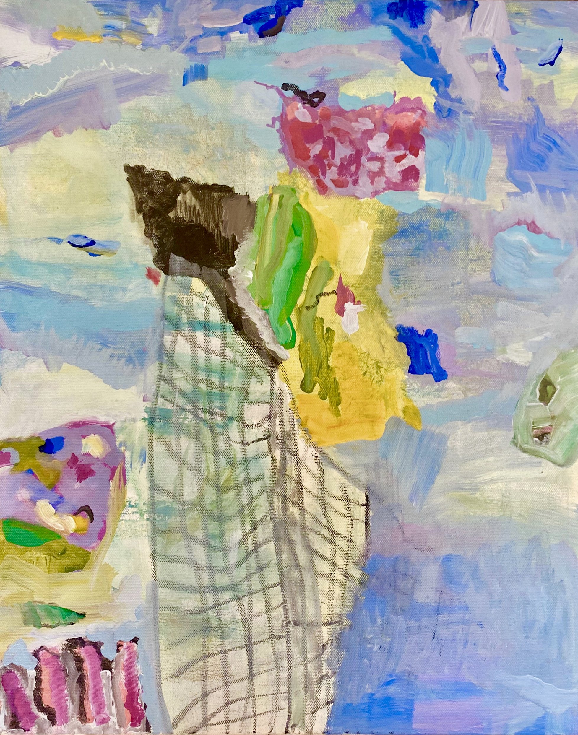 Abstract painting 'Beached coral III' by Jessica Sutherland depicting a colourful reef reminiscent of an ice cream cone with scoops of varying shades of colour on a blue background.