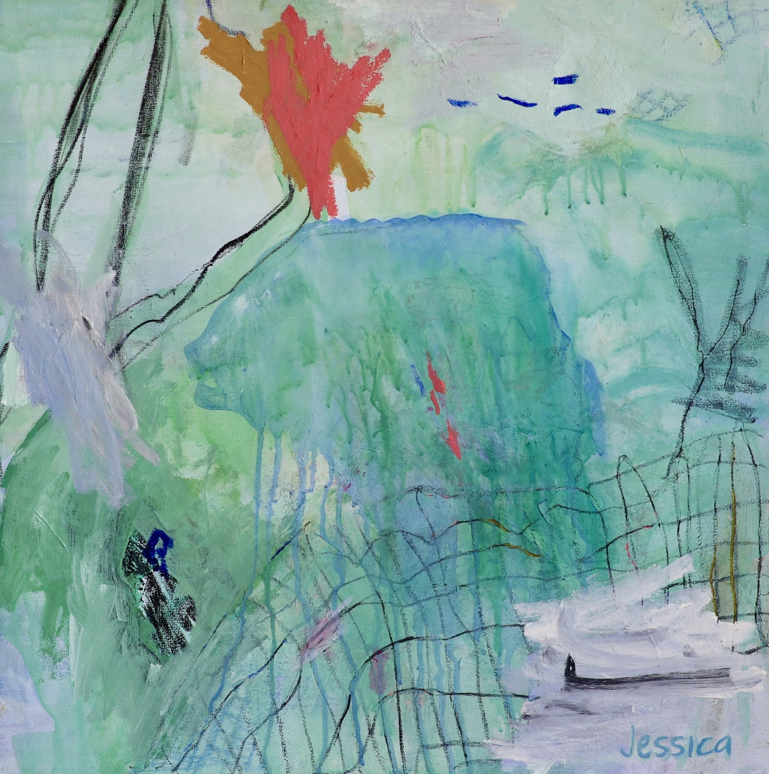 An abstract painting 'Blowhole ballet' by Jessica Sutherland, featuring an abstract whale on a green/blue background.