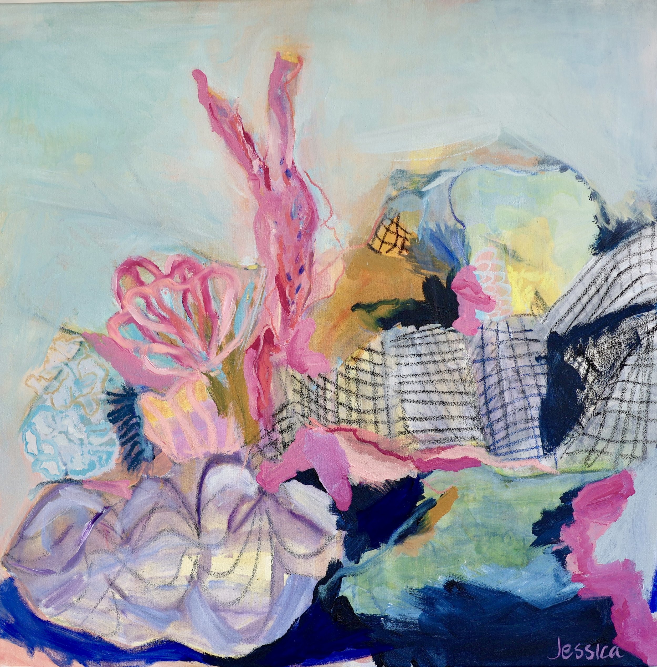 Colourful abstract painting 'Lavender seabed' by Jessica Sutherland featuring an elegant dreamy underwater coral bed, captured in shades of blue, purple, pink and yellow ochre, with clam shell.