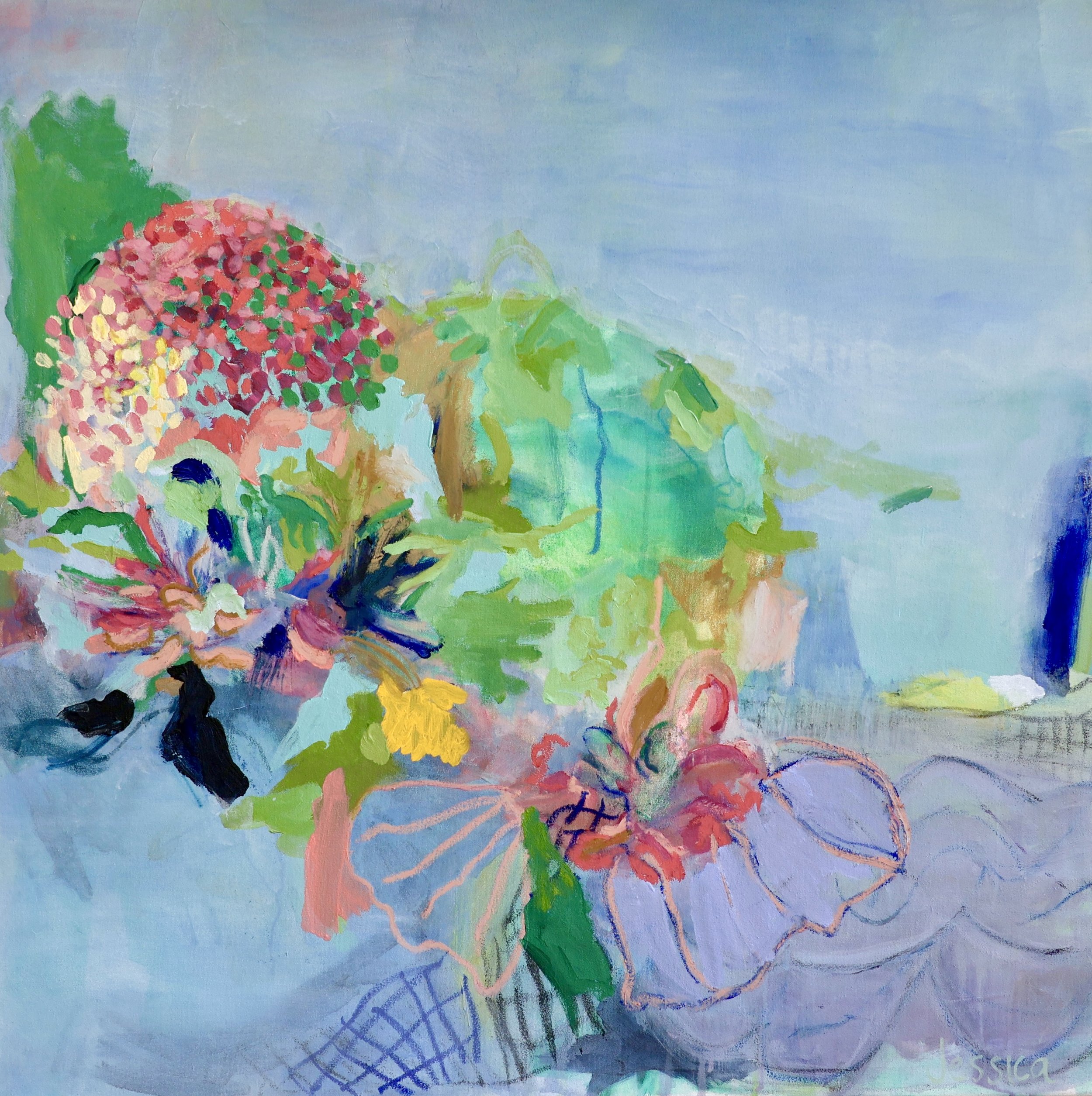 Colourful abstract painting 'Saltwater bloom'' by Jessica Sutherland featuring an elegant, dreamy, ununderwater coral bed, captured in bright colours on a background of blue.