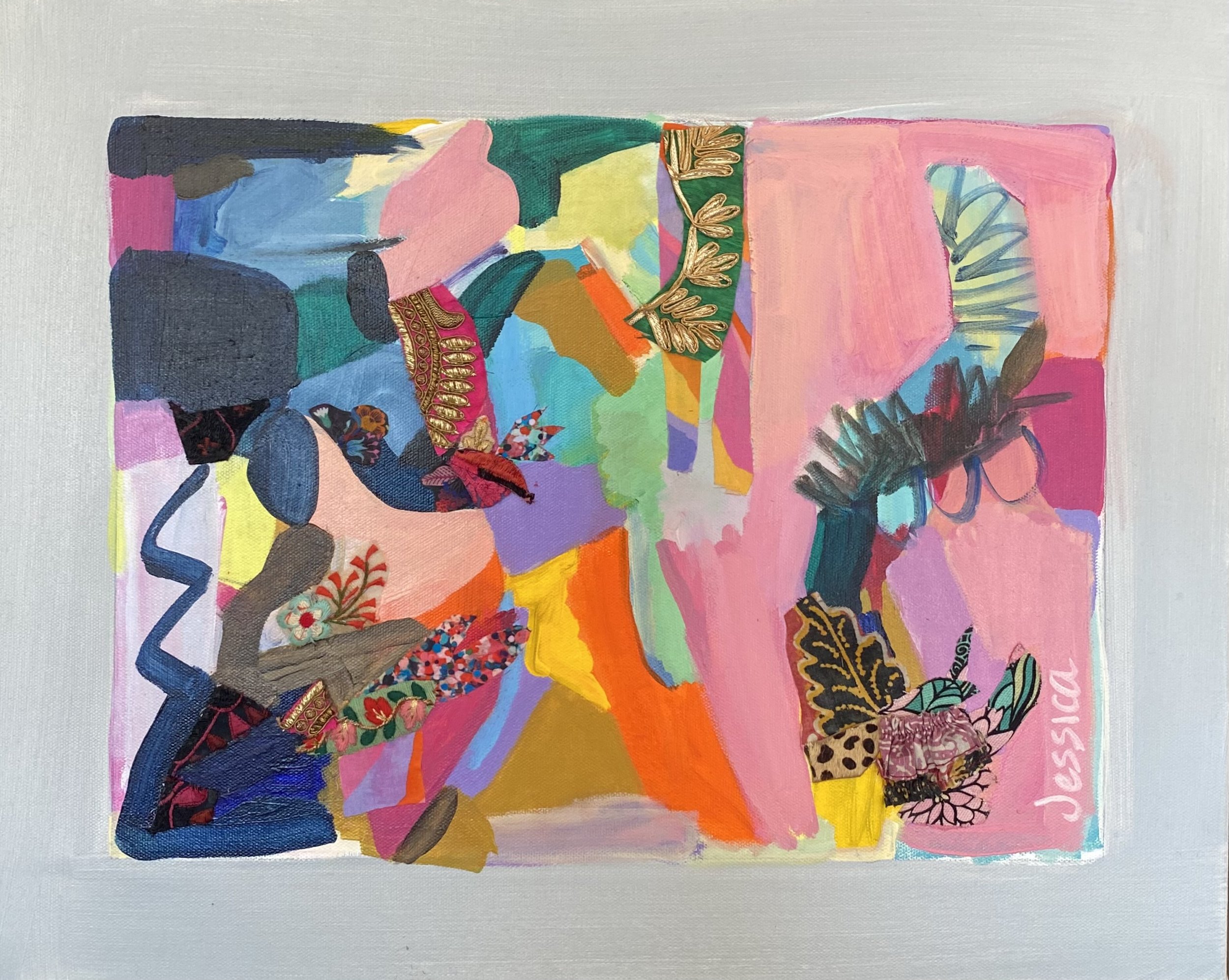 Abstract mixed media work by Jessica Sutherland, featuring bold colour blocks, vintage fabrics and embellished trim, including bird motifs, with grey border.