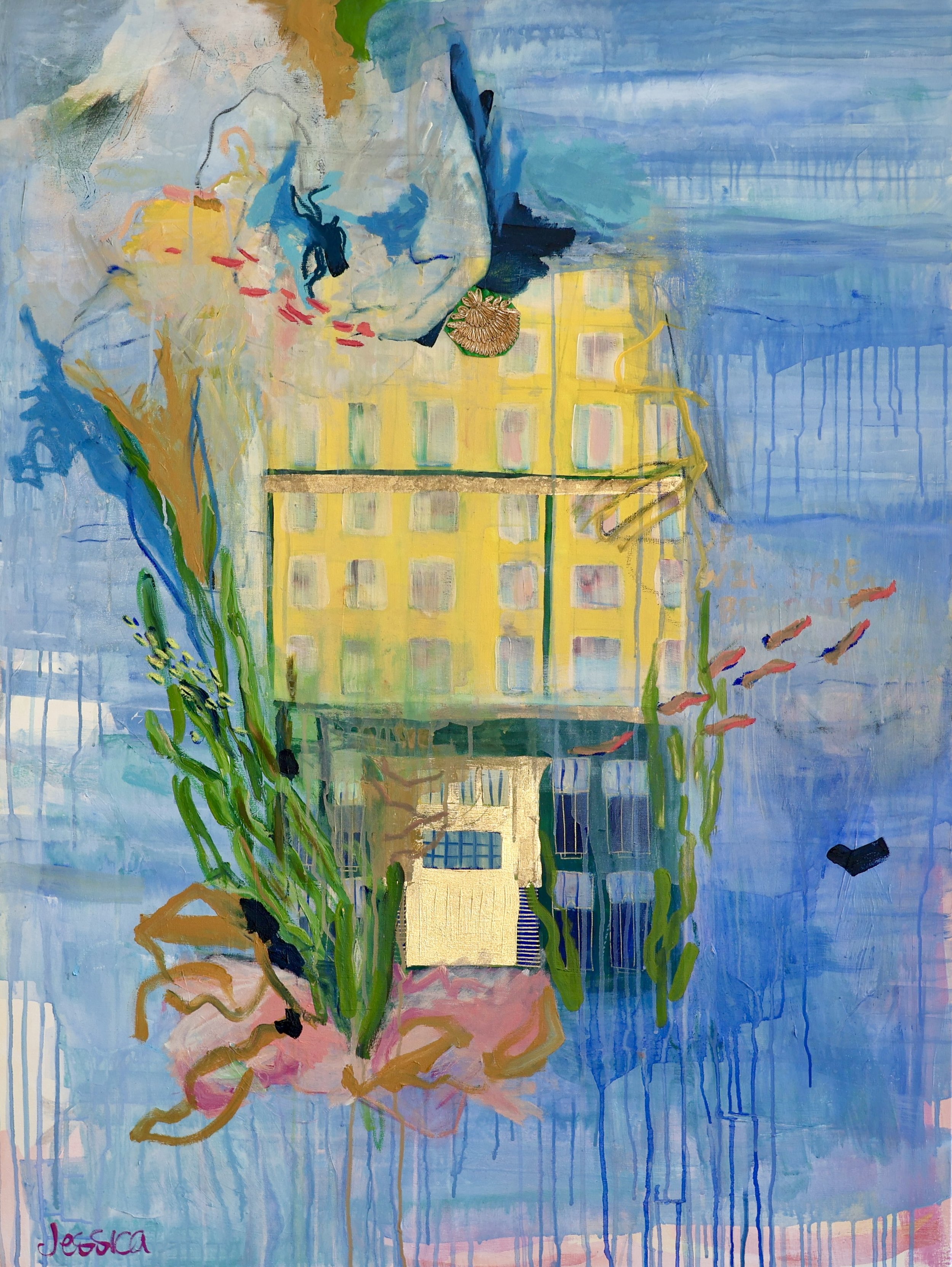 Abstract painting 'Atlantis' by Jessica Sutherland, features a golden building representing the gilded age, surrounded by green plants and fish, on a blue background. The building is sinking into the ocean.