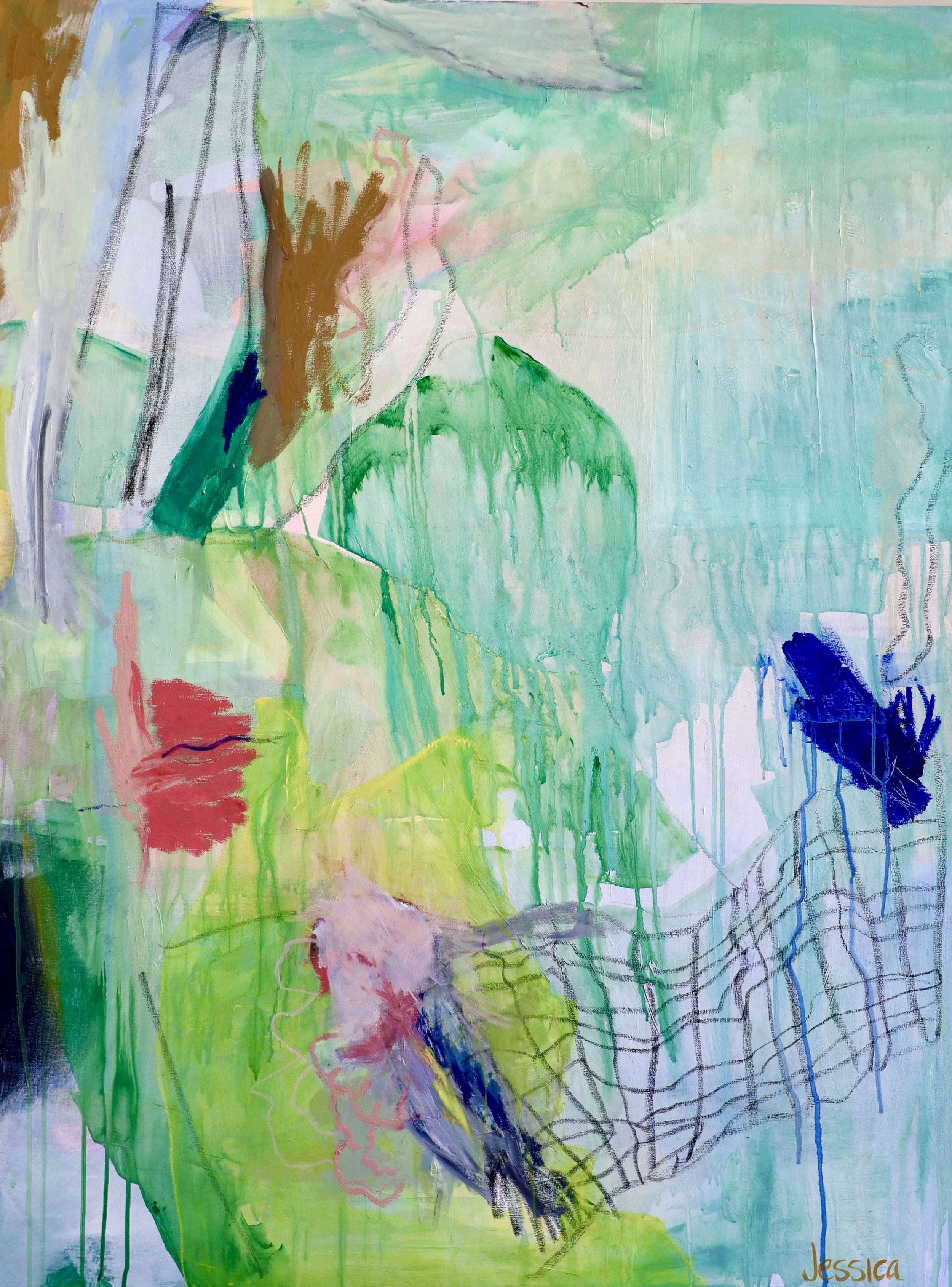 Abstract painting 'Dancing tide' by Jessica Sutherland captures the playful rhythm of the ocean through layers of paint and expressive mark-making, drip techniques, combined with a palette of blues, sea greens, sea foam white and pink coral.