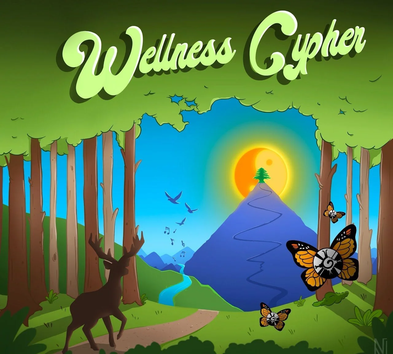 Original Wellness Cypher artwork: a deer, butterflies, forest, and a sunlit mountain under the Wellness Cypher name.