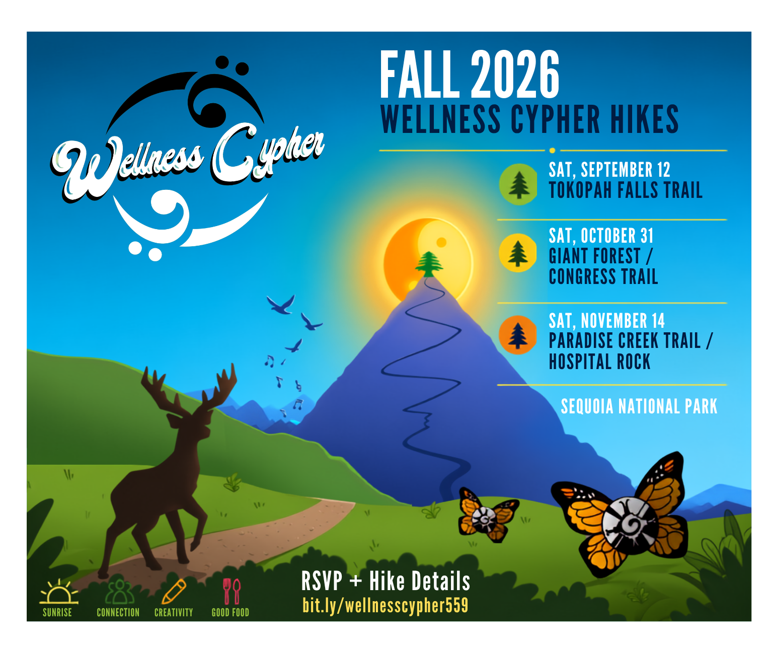 Original Wellness Cypher Fall 2026 program graphic. September 12 has passed; upcoming gatherings are October 31 and November 14.