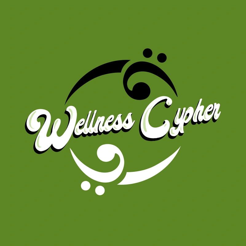 Wellness Cypher logo: white lettering and a black-and-white circular musical mark on olive green.