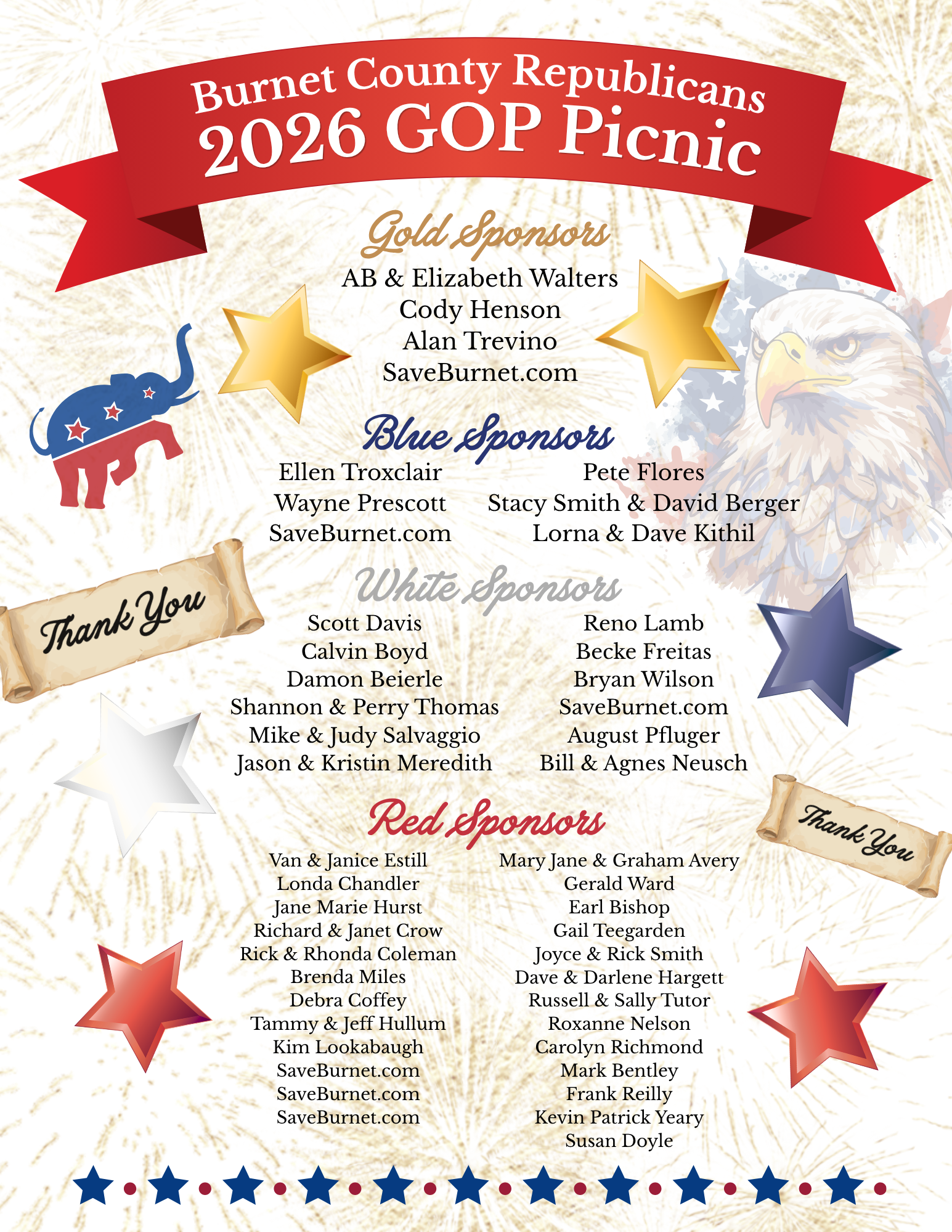 Thank you to all of our generous sponsors for making the 2026 GOP Picnic a success.  Thank you GOP County Chair Tammy Hullum & members of the planning committee for all your hard work in putting this event together.