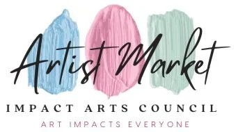Logo for Artist Market by Impact Arts Council with colorful brush strokes in blue, pink, and green behind the text