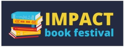 Logo for Impact Book Festival featuring stacked colorful books and bold yellow and blue text.