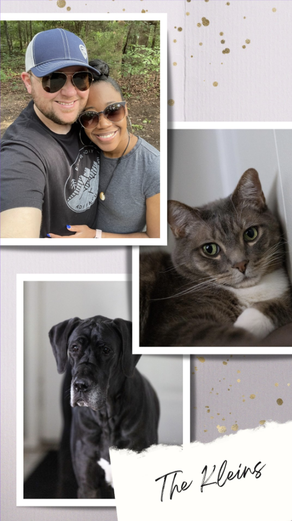 graphic of couple their grey cat and black dog with the kleins written on it