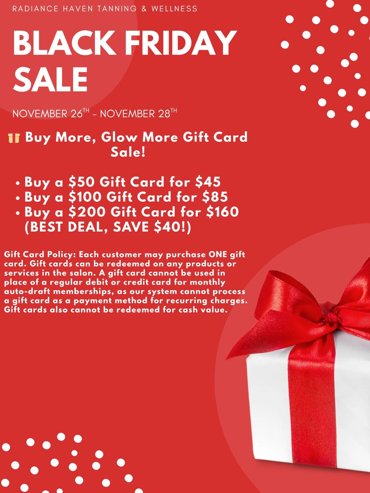 🎉 FIRST BLACK FRIDAY DEAL IS HERE! 🎉

Our Buy More, Glow More Gift Card Sale is officially LIVE November 26th&ndash;28th! ✨
Give the gift of glowing skin (or treat yourself 😉) with our limited-time Black Friday pricing:

✨ $50 Gift Card for $45
✨ 
