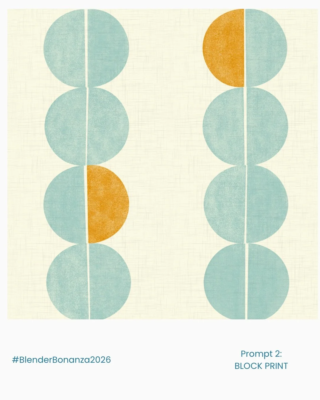 This is my interpretation of #blenderbonanza26 prompt number 2: block print. A simple, highly textural repeat of slightly imperfect semi-circles. This minimalist design paired with the sunny coastal palette just makes me smile.
Which colour combinati