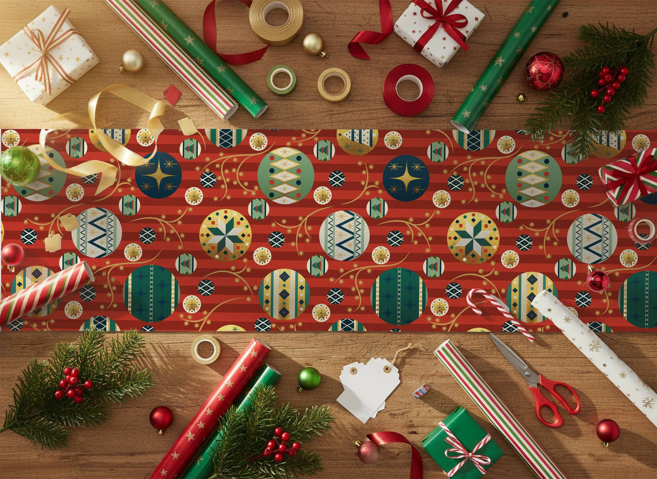a mock-up showing a red Christmas decorated table runner and many rolls of wrapping paper, ribbons and presents