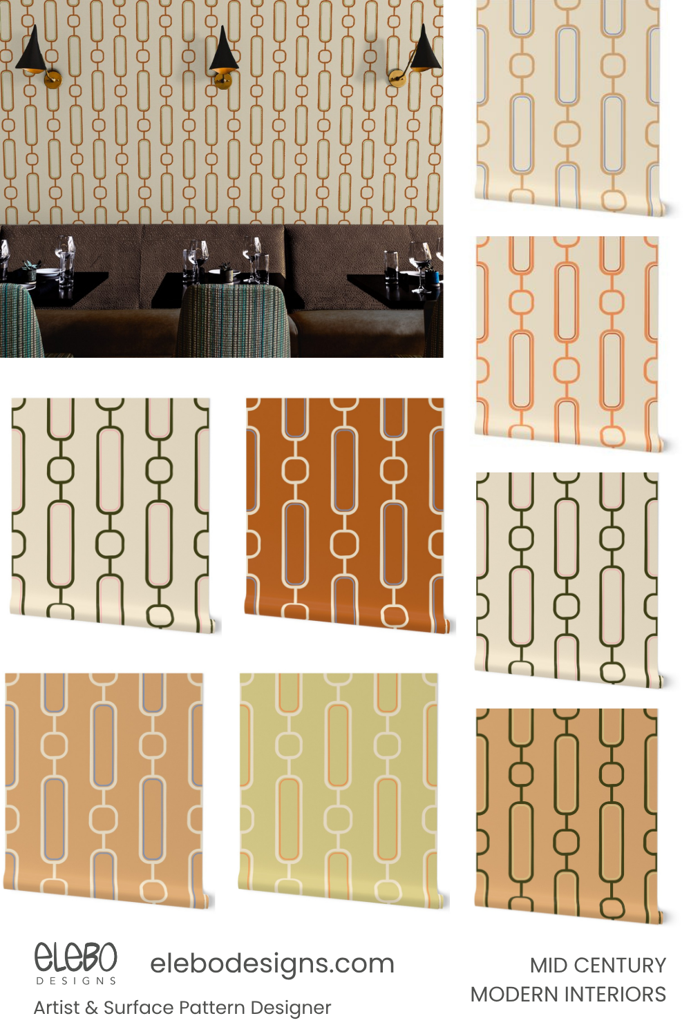 Mid-century modern wallpaper in warm neutrals and earth tones with a geometric linear pattern of interlocking rounded rectangles and circles.