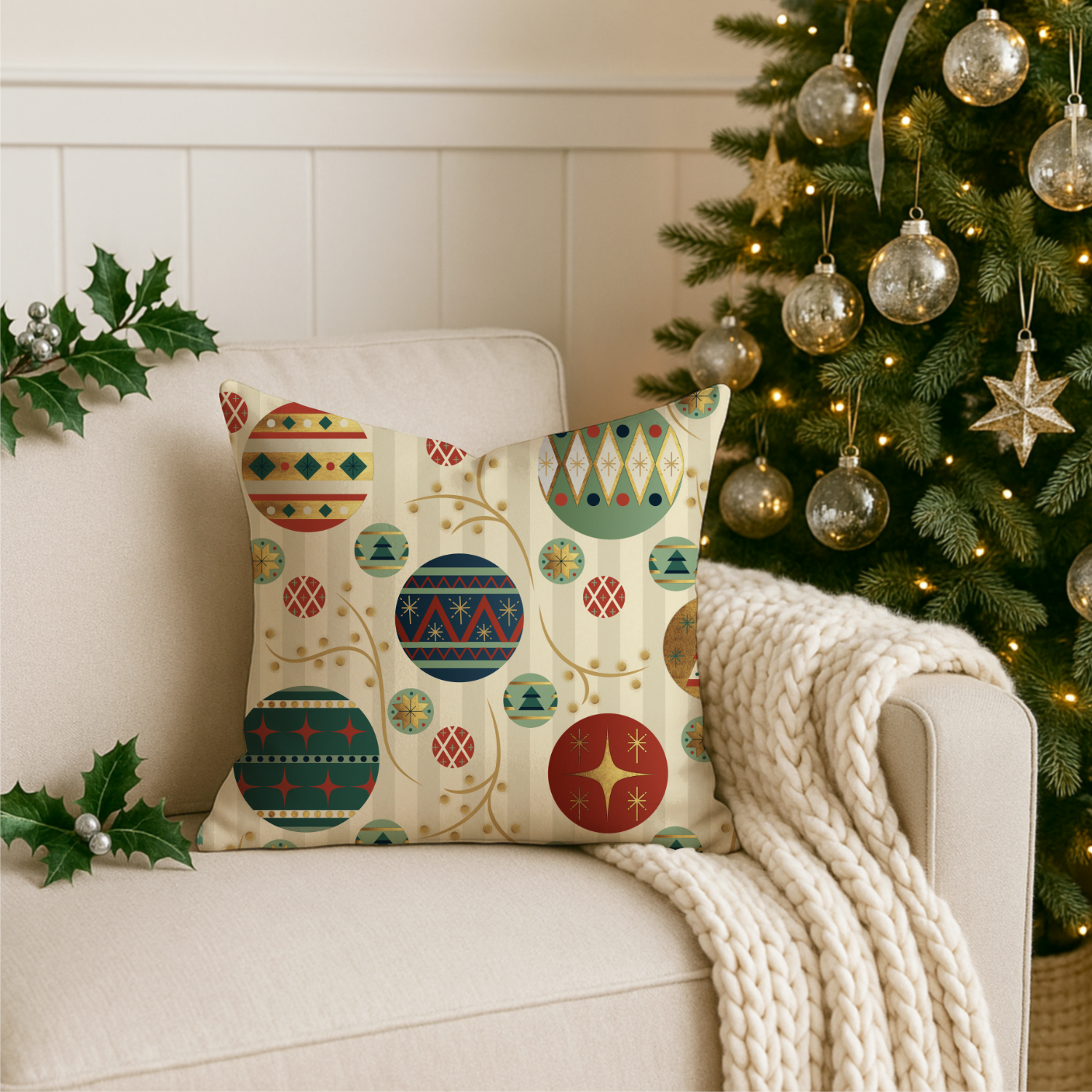 a mock-up showing a colourful Christmas themed beige pillow on a cream sofa with a Christmas tree behind