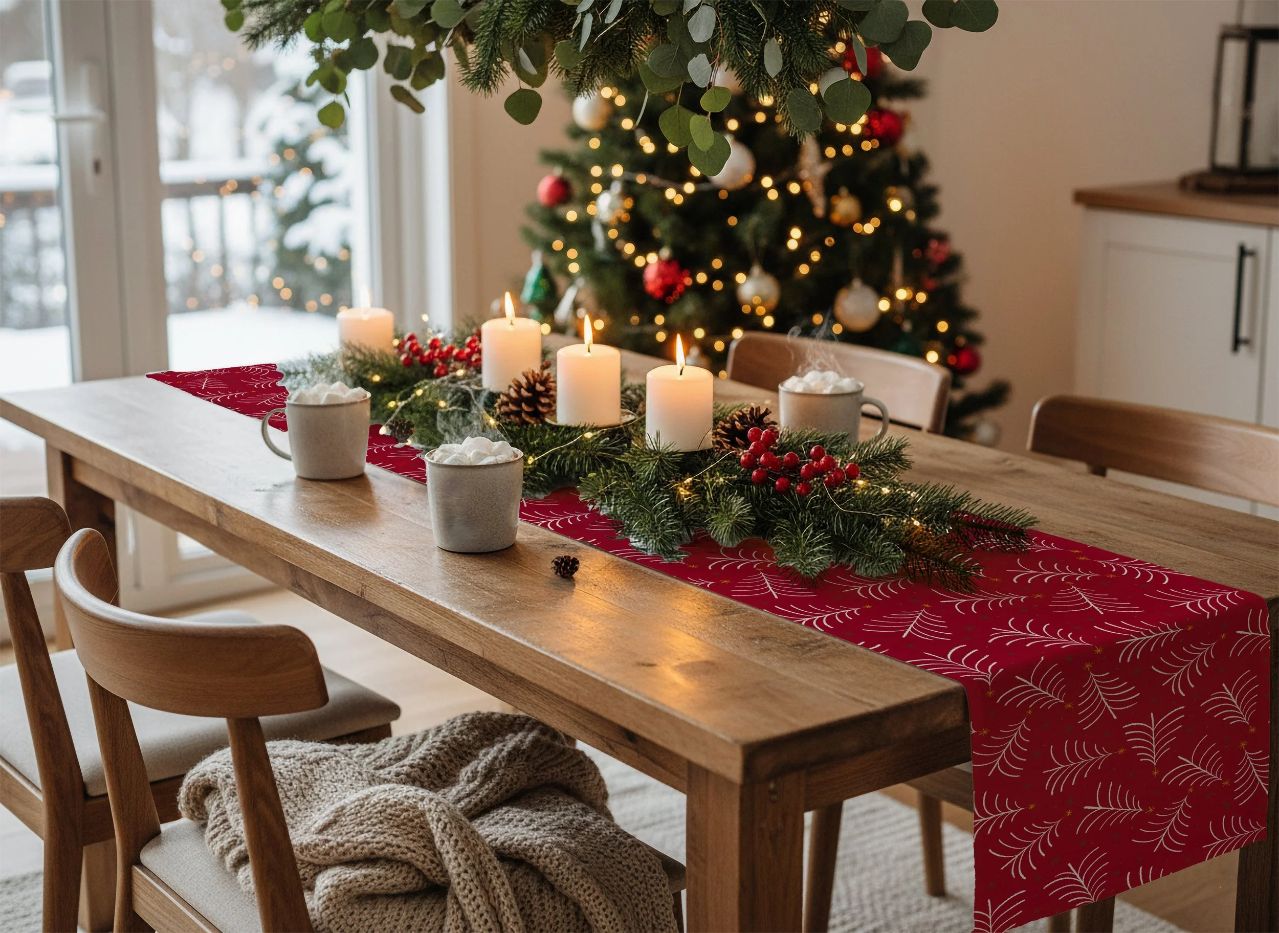 a mock-up showing a simple rustic table with a Christmas tree in the background and a red decorated Christmas table runner.