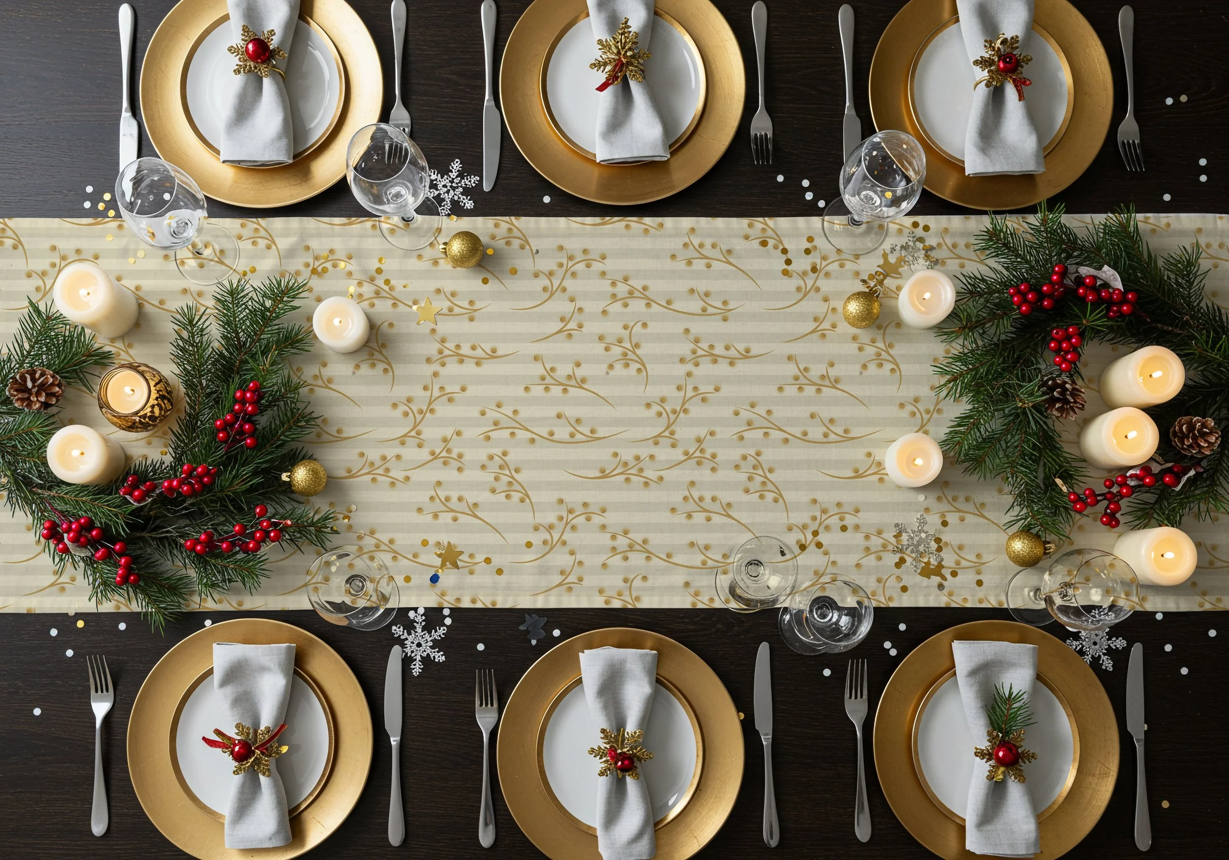 a mock-up of an elegant Christmas table featuring a beige and gold table runner and golden plates