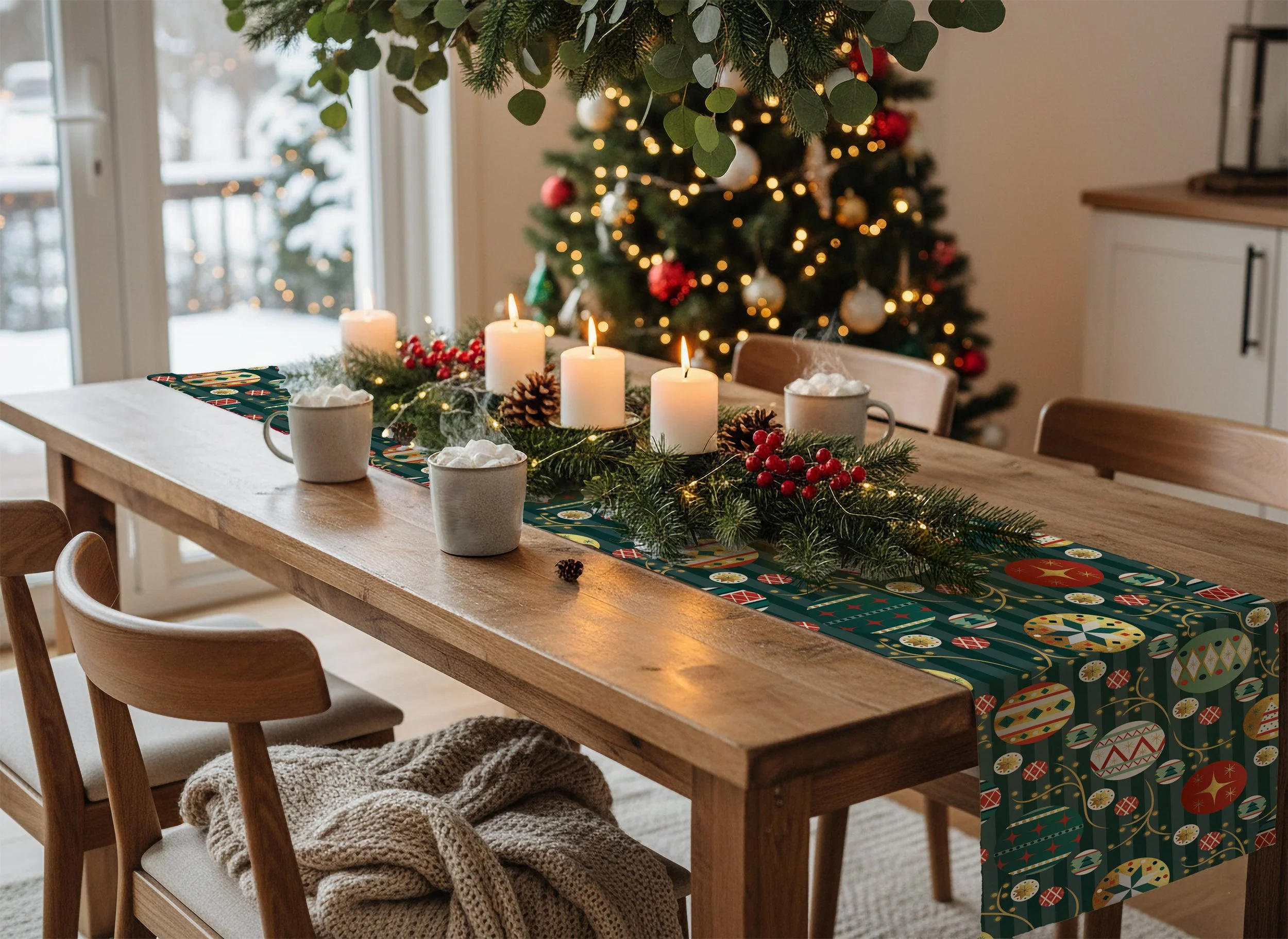 a mock-up showing a simple rustic table with a Christmas tree in the background and a green decorated Christmas table runner.