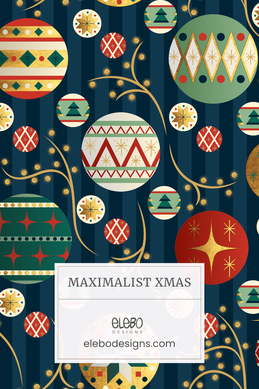 A repeat pattern showing many Christmas baubles with stylised golden branches and a stripes navy blue background